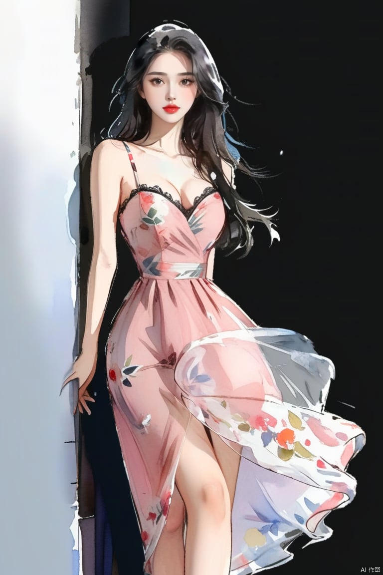 WatercolorGirl,
1girl, solo, long hair, Cleavage of breast,huge breast, looking at viewer, black hair, dress, standing, full body, sleeveless, indoors, high heels, see-through, sleeveless dress, floral print, pink dress, hand in pocket,
long_hair,Red lips,bareshoulders,
 hand,g23 ,black background,