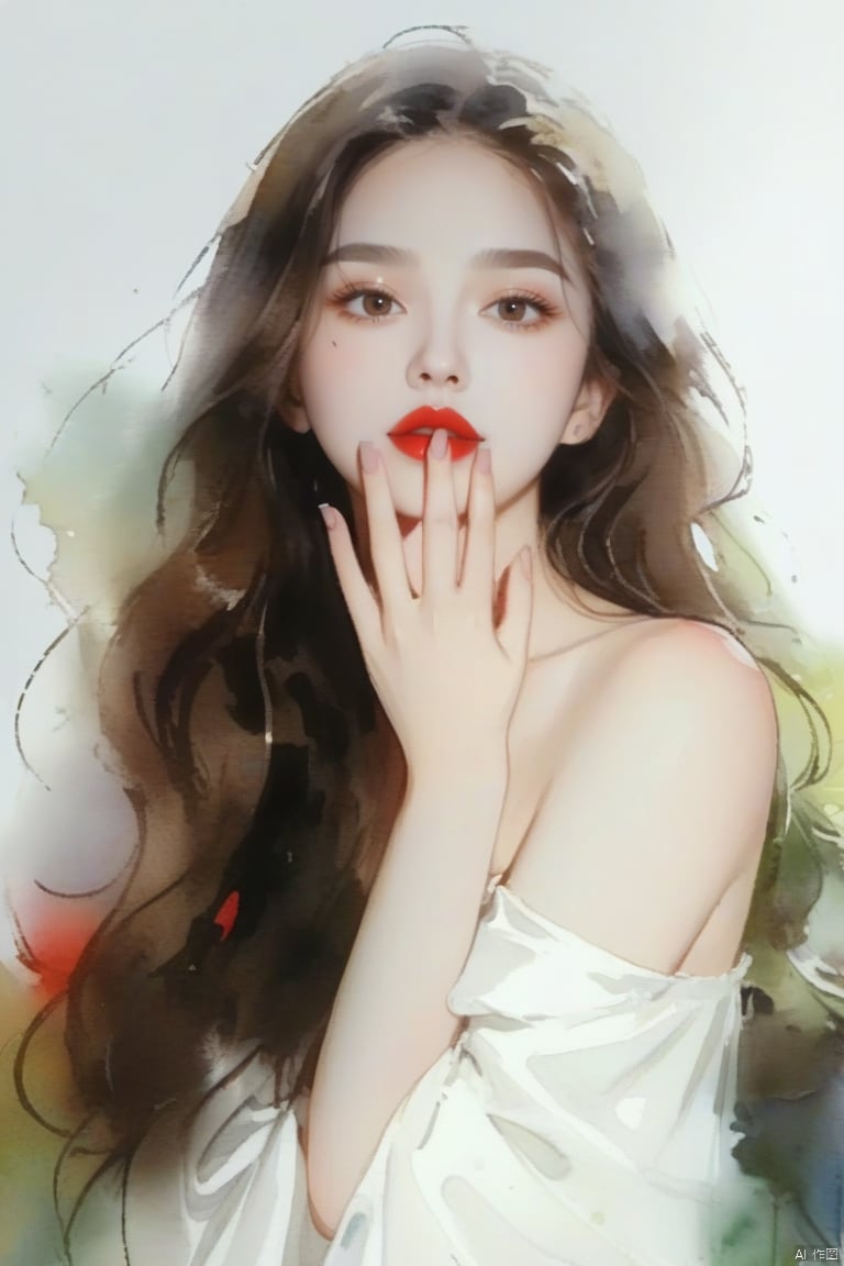 WatercolorGirl,maked sign “V” with hands,“V”,
1girl,long_hair,Red lips,bareshoulders,
white dress, hand,g23 ,