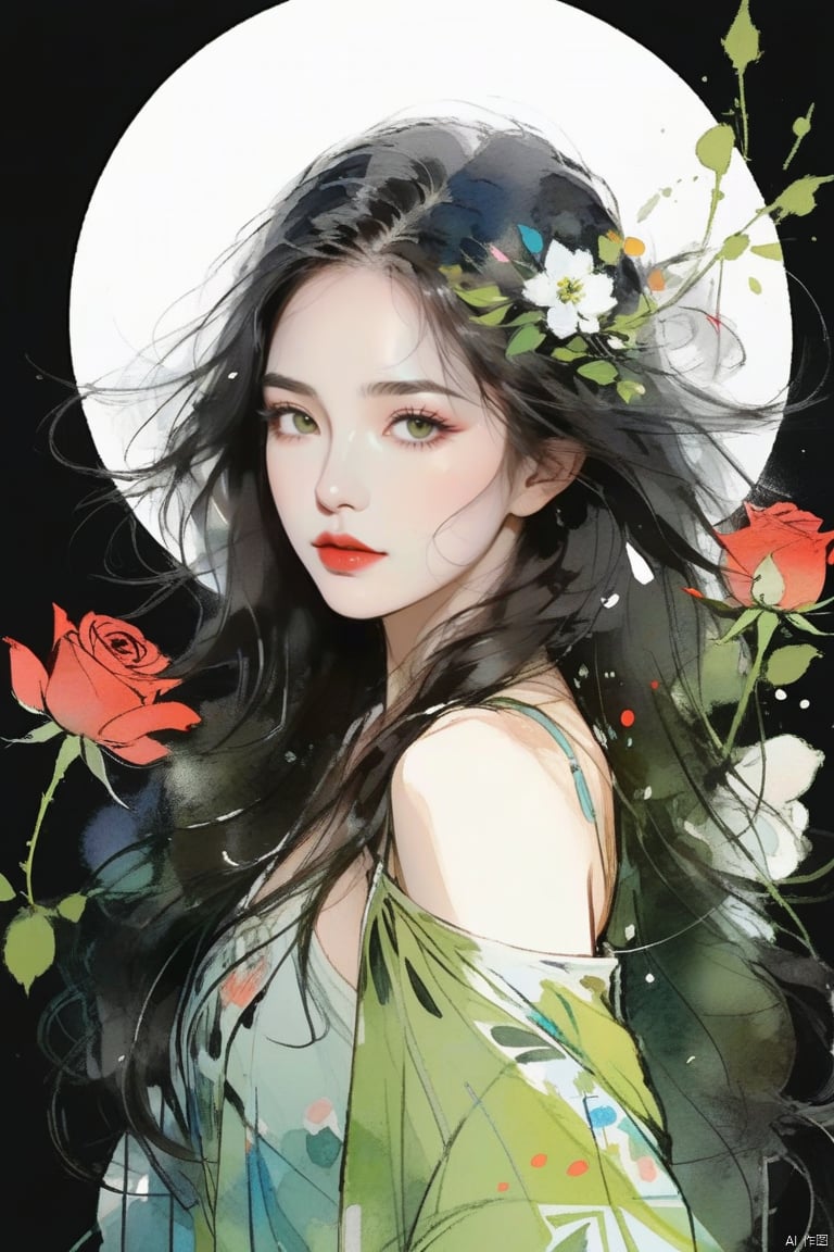 WatercolorGirl,
1 girl, (head tilted back:1.2), abstract, (surrounded by blossoming flowers:1.2), (flowers, floral theme:1.25), (black hair, mid parted hair, straight hair, long hair:1.2), pronounced blush, beautiful green eyes, simple black background, perfect lighting, smooth lighting, (mandala, chaotic patterns, abstract), (fractal art), looking at viewer from side, from side, (flowers, roses:1.25), the most beautiful form of chaos, elegant, a brutalist designed, vivid colour, ecstasy of musical notes, streaming musical notes visible, pxint detailed eyes,
long_hair,Red lips,bareshoulders,breasts,Cleavage ,
 hand,g23 ,black background,