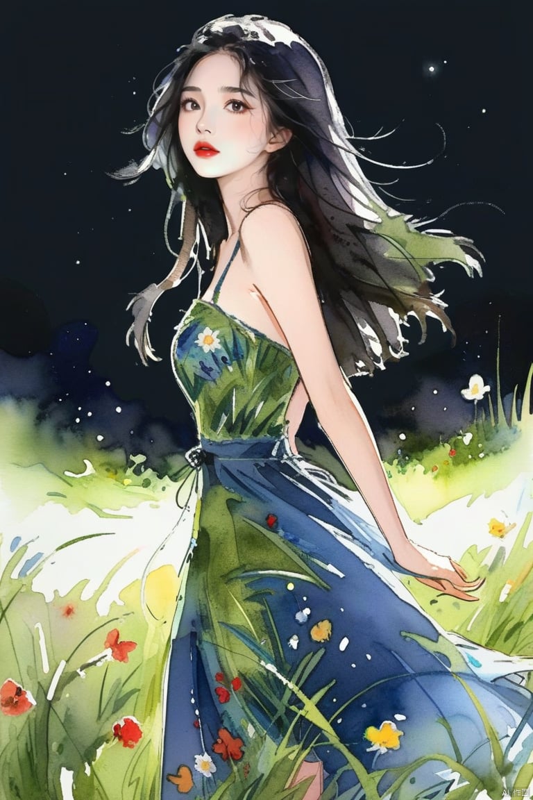 WatercolorGirl,
A girl with long black hair, looking from the bottom up, wearing a grass-woven dress, the skirt is full of grass, standing on the grass, the grass is full of flowers. dark night.
long_hair,Red lips,bareshoulders,breasts,Cleavage ,
 hand,g23 ,black background,