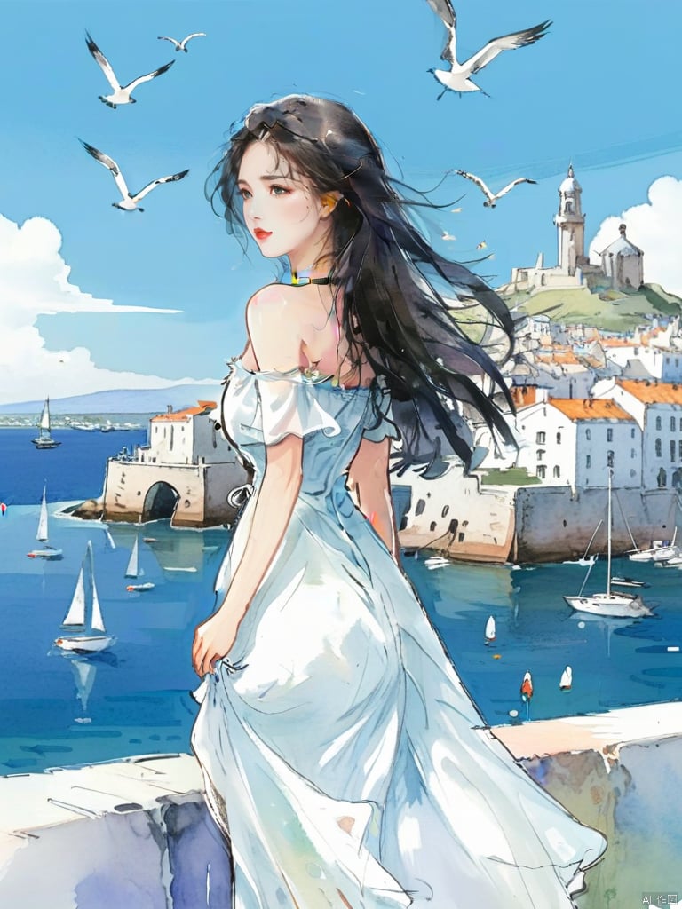 watercolor girl,WatercolorGirl,1girl, solo,black long hair, white dress, bare shoulders, standing,
Seaside, blue sky, sailboats, seagulls, large buildings,
g23,Uka