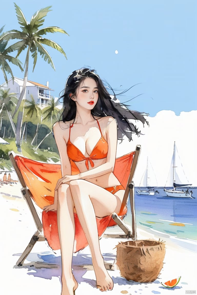 WatercolorGirl,
1 girl wearing orange bikini at the seaside, on the beach, black hair, barefoot, coconut trees, sitting on beach chairs, sailboat, 
long_hair,Red lips,bareshoulders,
 hand,g23 ,black background,