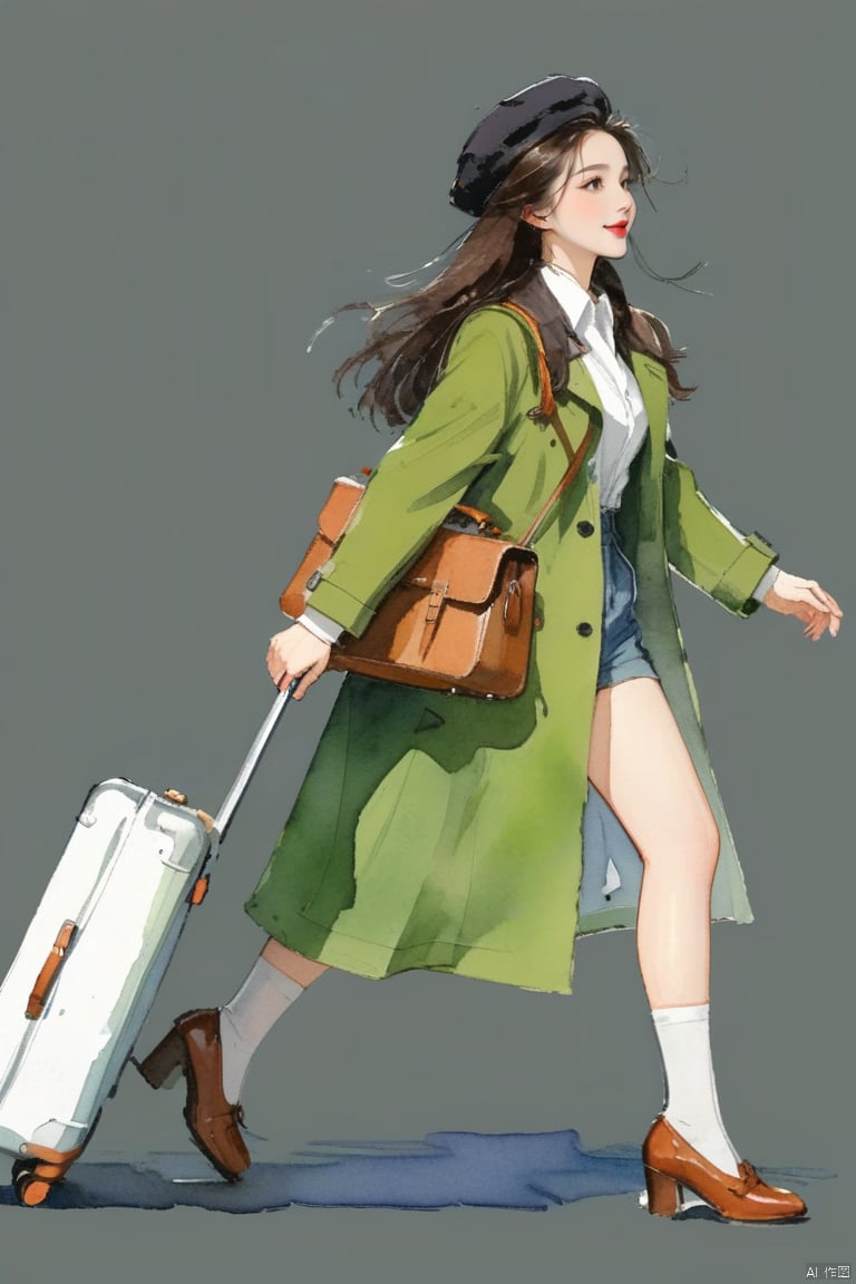 WatercolorGirl,
A girl, single, smiling, long hair, simple background, brown hair, shirt, green coat, black long leather shoes, black stockings, whole body, white shirt, leather bag, side view, beret, striding, big suitcase , hand pulling suitcase.
long_hair,Red lips,bareshoulders,breasts,Cleavage ,
 hand,g23 ,black background,