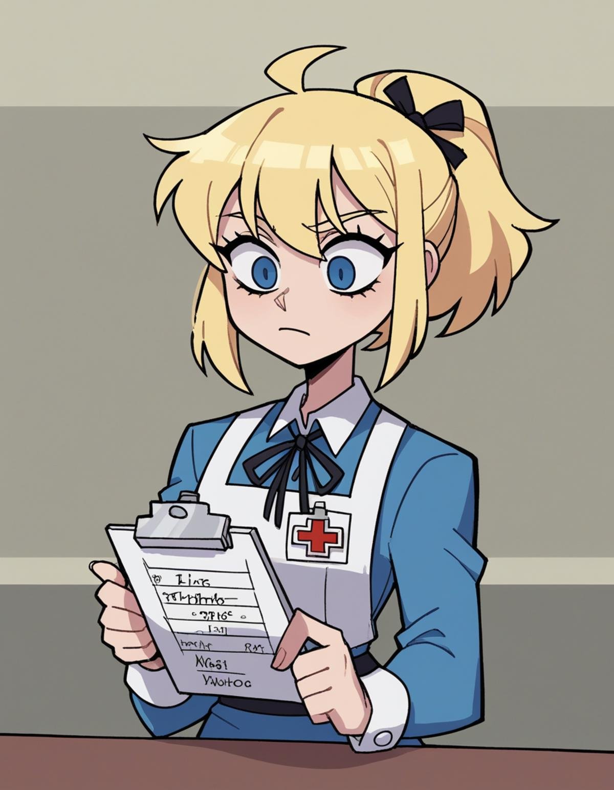 zPDXL, score_9, score_8_up, score_7_up, source_anime, 8k, absurdres, 1girl, solo,  <lora:Vanitaker:0.8> vanitaker, Alice in Wonderland, blonde hair, child, little girl, doctor wearing a medical uniform top,khakis,professional shoes, clipboard, upper body, portrait, 