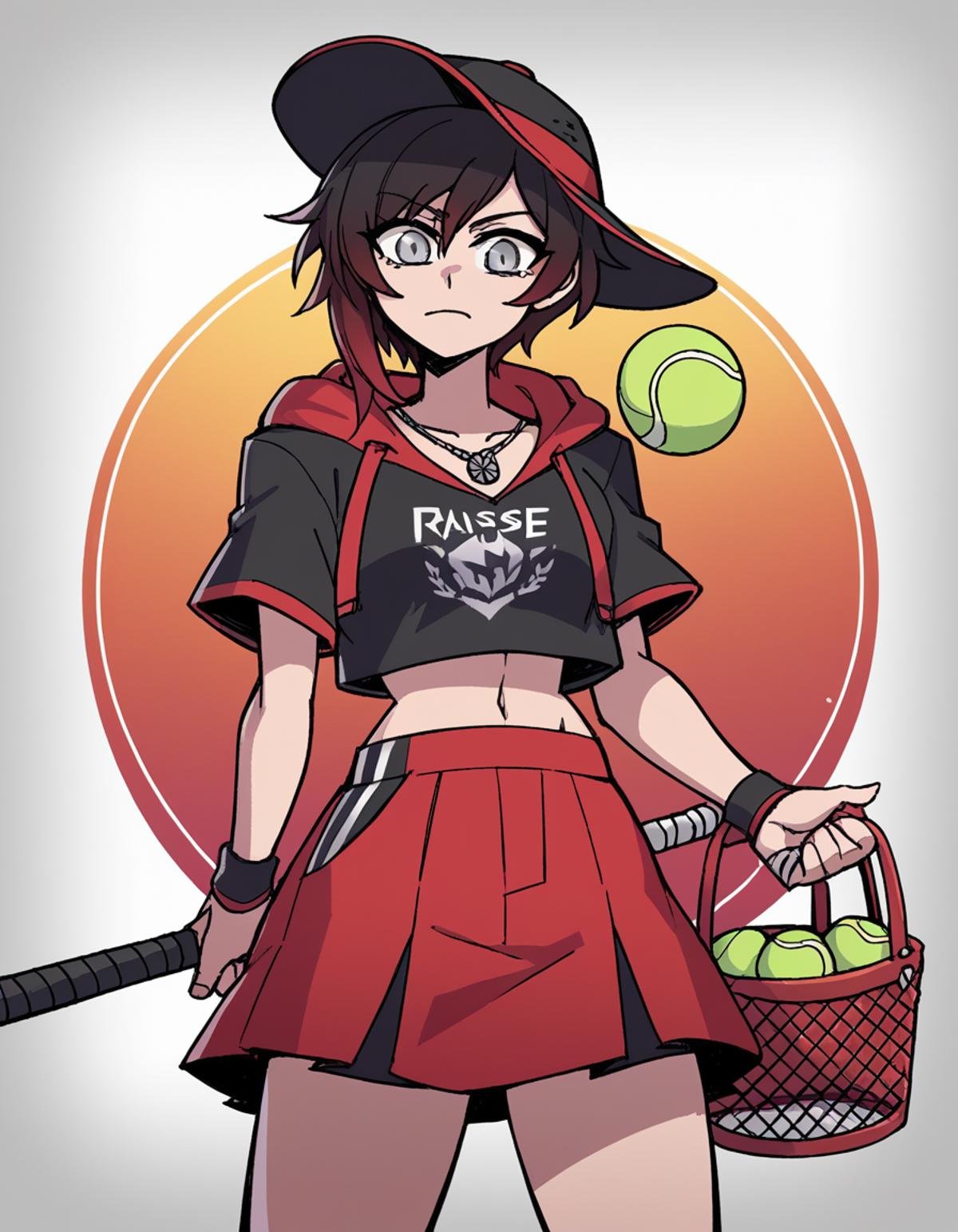 zPDXL, score_9, score_8_up, score_7_up, source_anime, 8k, absurdres, 1girl, solo,  <lora:Vanitaker:1> vanitaker, Ruby Rose \(Rwby\), black hair, red hair, gradient hair, silver eyes, short hair,, tennis player wearing black Hooded crop top with front pocket, tennis skirt with drawstring waist, bucket hat with reversible design, platform tennis shoes, tennis racquet, tennis ball stored in a mesh bag, upper body, portrait, 