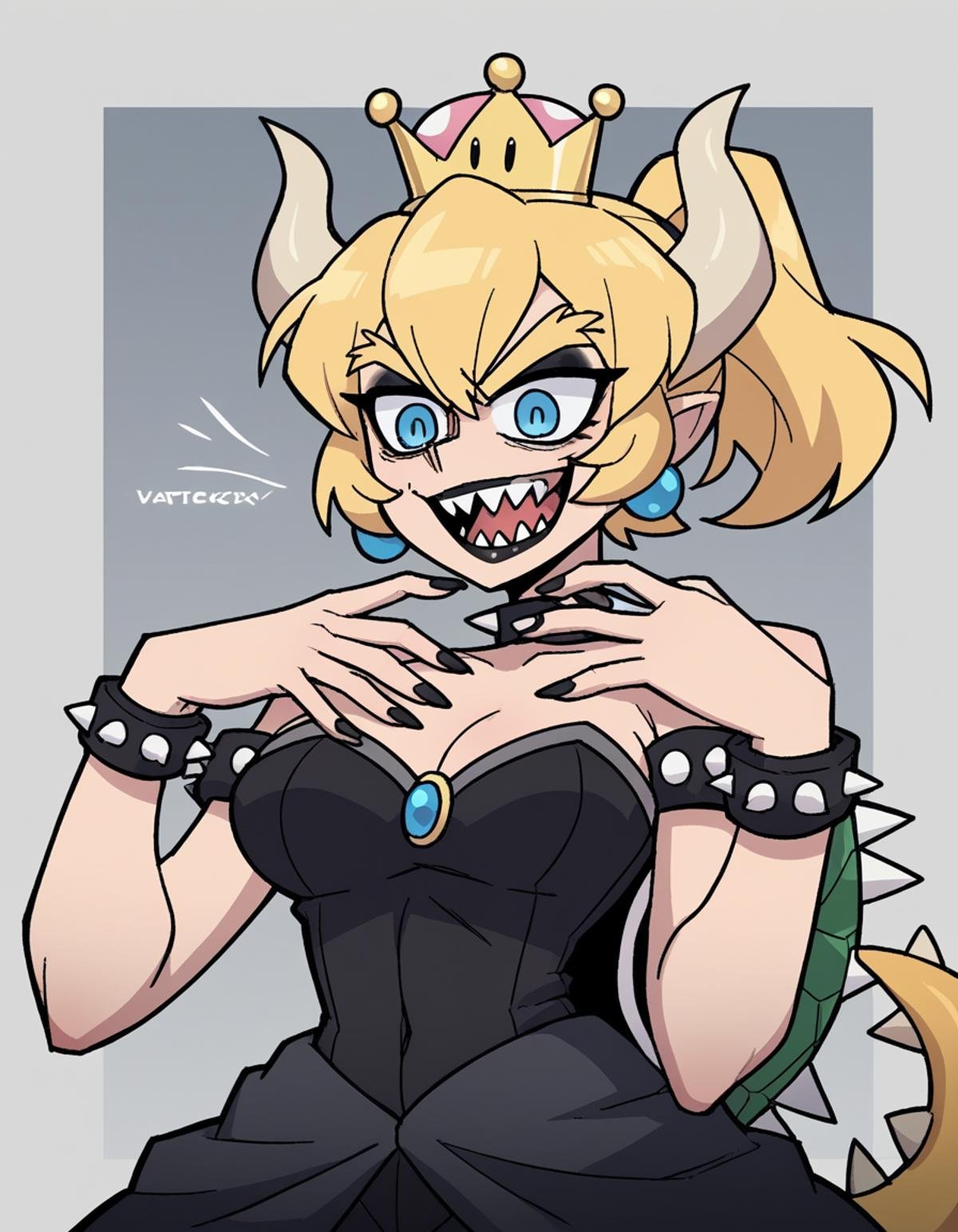 zPDXL, score_9, score_8_up, score_7_up, source_anime, 8k, absurdres, 1girl, solo,  <lora:Vanitaker:1> vanitaker, Bowsette, blonde hair, ponytail, sharp teeth, spikey tail, spikey shell, gothic maiden wearing Gothic ballerina costume with a black tutu dress, lace stockings, ballet slippers, Black lipstick with silver shimmer, metallic silver eyeshadow, intricate black eyeliner design, pale skin, black nail polish with silver accents, upper body, portrait, 