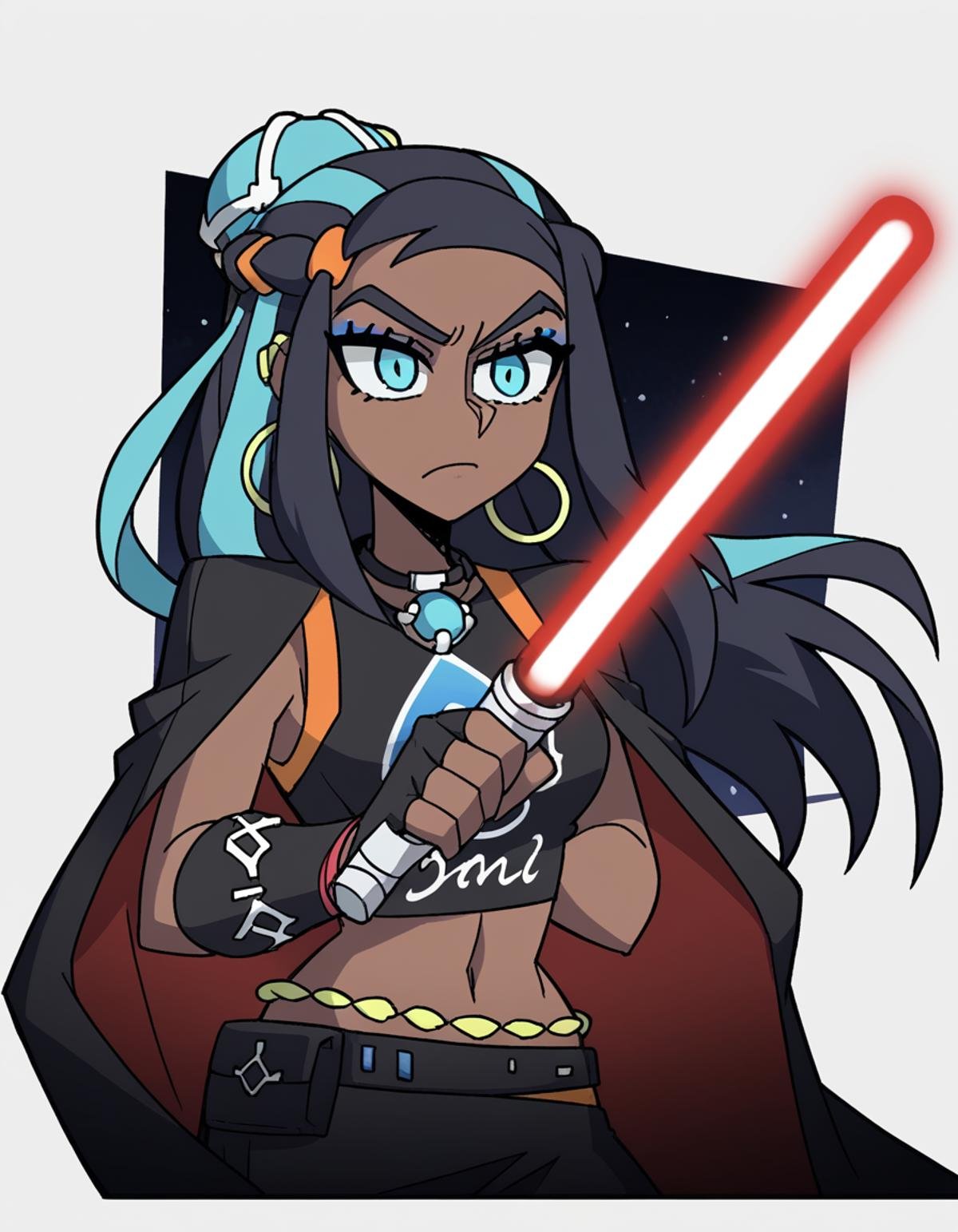 zPDXL, score_9, score_8_up, score_7_up, source_anime, 8k, absurdres, 1girl, solo,  <lora:Vanitaker:1> vanitaker, Pokemon, Nessa, dark-skinned female, long hair, blue hair, black hair, two-tone hair, (sith lord) wearing a ceremonial Sith robe, black leather tunic, ornate Sith belt, armored Sith boots, tattered black cloak, holding a red pike lightsaber, upper body, portrait, 