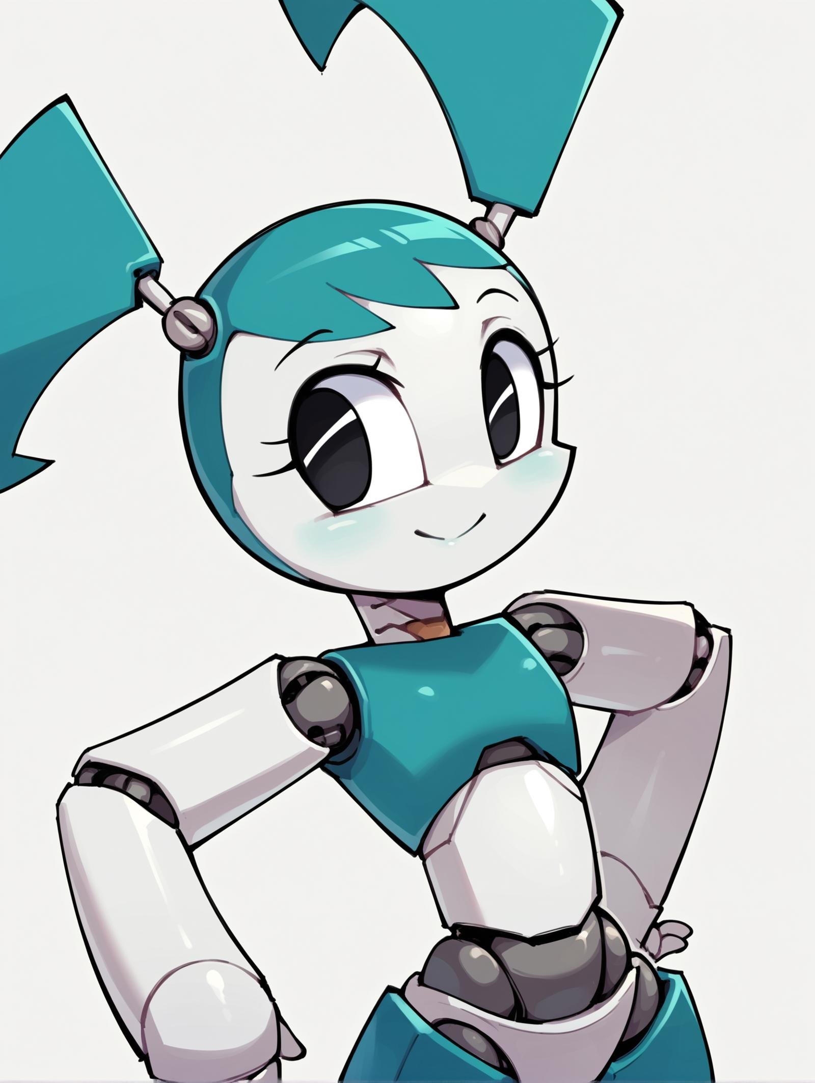 score_9, score_8_up, score_7_up, score_6_up, score_5_up, score_4_up, source_anime, BREAK(1girl, solo:1.2), simple background, <lora:XJ-9:0.8> xj9, robot girl, robot joints, android, joints, twintails, aqua hair ,black eyes, colored skin, white skin, looking at viewer, bolt,