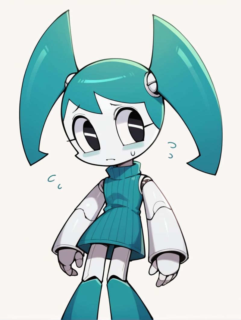 score_9, score_8_up, score_7_up, score_6_up, score_5_up, score_4_up, source_anime, BREAK(1girl, solo:1.2), simple background, <lora:XJ-9:0.8> xj9, robot girl, black eyes, aqua hair, sweaterdress, turtleneck, ribbed sweater, oversized sweater, 