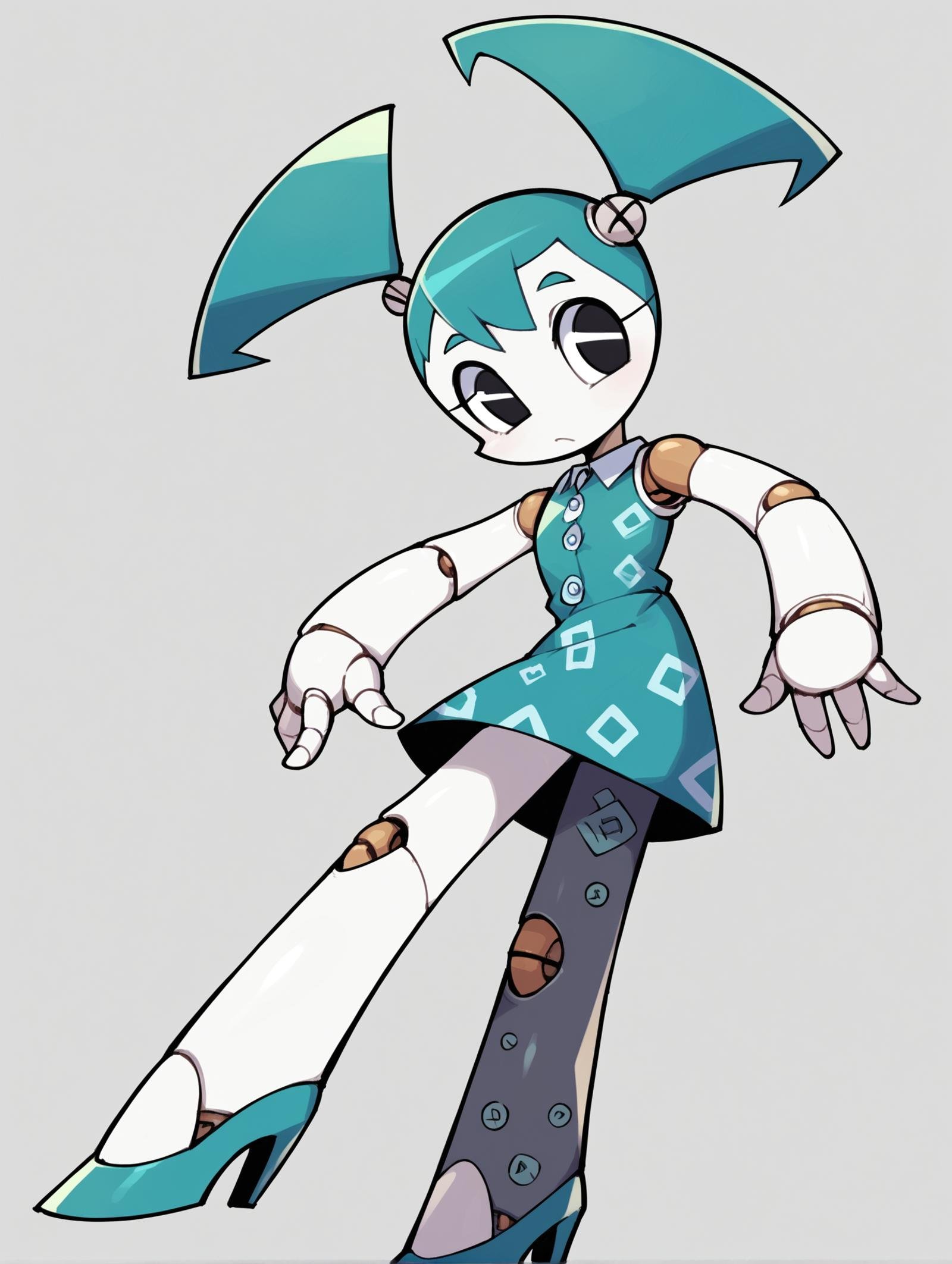 score_9, score_8_up, score_7_up, score_6_up, score_5_up, score_4_up, source_anime, BREAK(1girl, solo:1.2), simple background, <lora:XJ-9:0.8> xj9, robot girl, robot joints, android, joints, twintails, aqua hair ,black eyes, colored skin, white skin, looking at viewer, bolt, ((button-front-midi-dress)), ((block-heeled-mules)), (((patterned-pantyhose)))