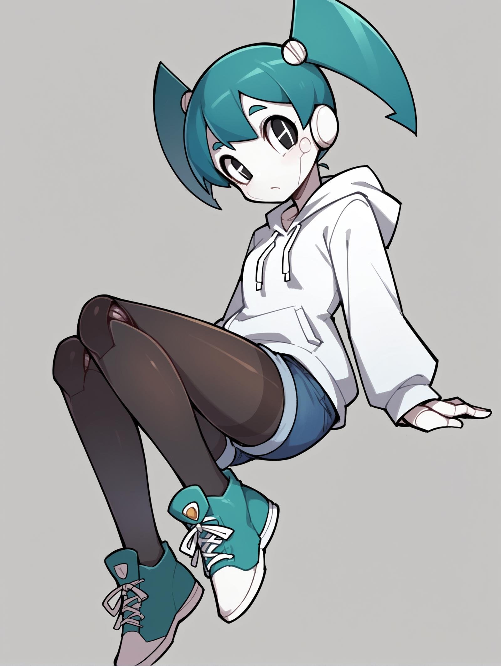 score_9, score_8_up, score_7_up, score_6_up, score_5_up, score_4_up, source_anime, BREAK(1girl, solo:1.2), simple background, <lora:XJ-9:0.8> xj9, robot girl, robot joints, android, joints, twintails, aqua hair ,black eyes, colored skin, white skin, looking at viewer, bolt, ((black-sneakers)), ((hoodie)), ((denim-shorts)), ((black-pantyhose)), ((pantyhose-under-shorts))