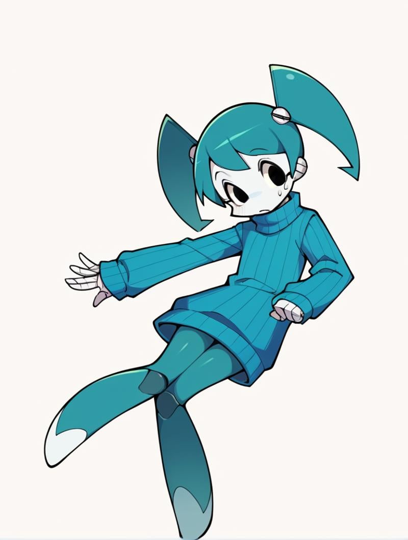 score_9, score_8_up, score_7_up, score_6_up, score_5_up, score_4_up, source_anime, BREAK(1girl, solo:1.2), simple background, <lora:XJ-9:0.8> xj9, robot girl, black eyes, aqua hair, sweaterdress, turtleneck, ribbed sweater, oversized sweater, blue sweater, pantyhose, twintails, 