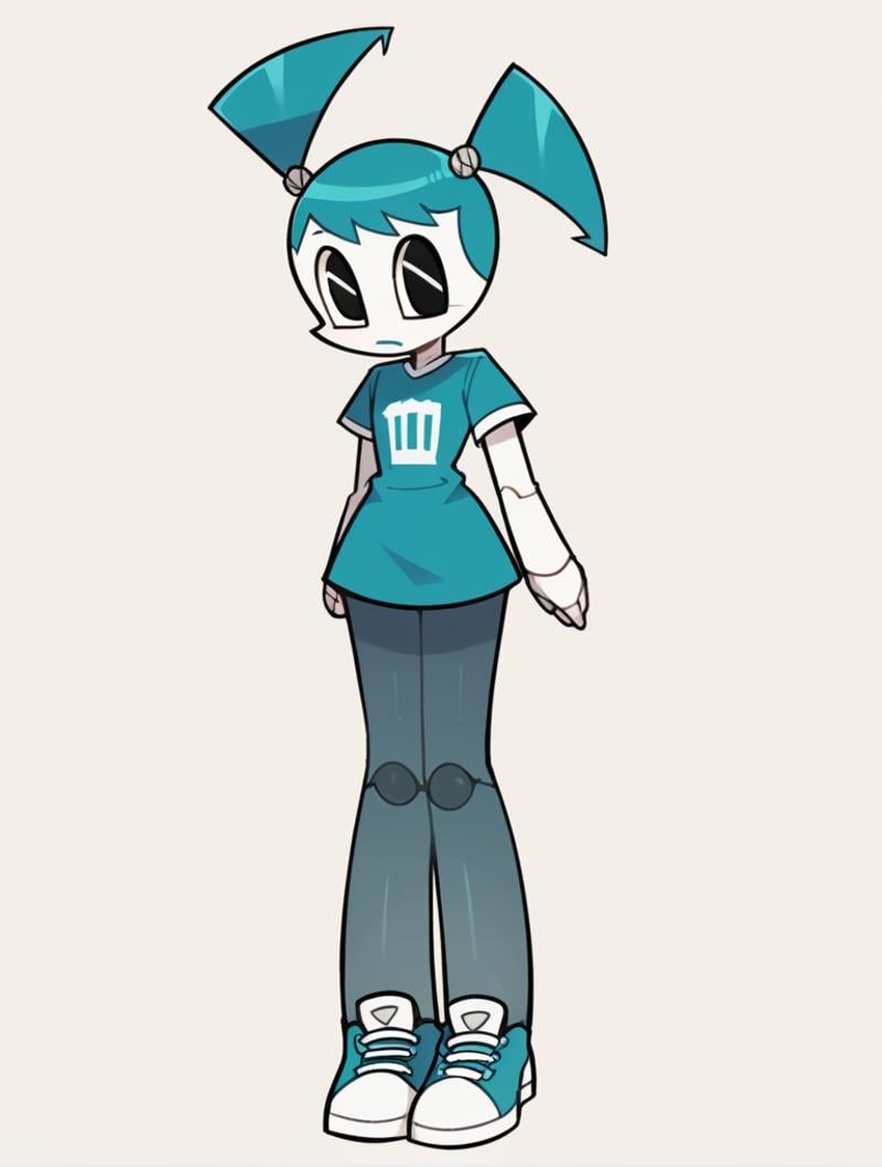 score_9, score_8_up, score_7_up, score_6_up, score_5_up, score_4_up, source_anime, BREAK(1girl, solo:1.2), simple background, <lora:XJ-9:0.8> xj9, robot girl, black eyes, aqua hair, ((t-shirt-dress)), ((slip-on-sneakers)), (((pantyhose))), style parody, 