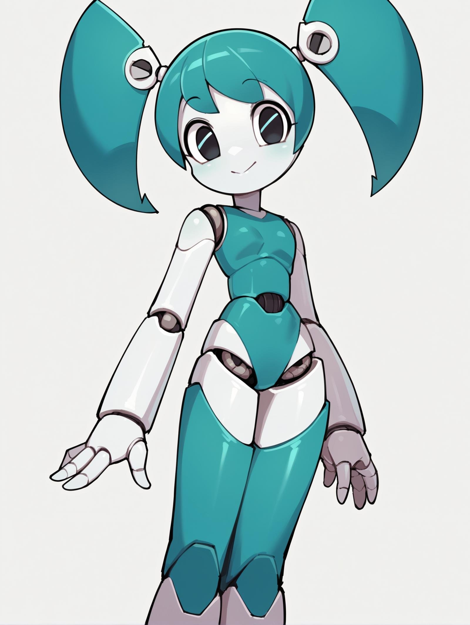 score_9, score_8_up, score_7_up, score_6_up, score_5_up, score_4_up, source_anime, BREAK(1girl, solo:1.2), simple background, <lora:XJ-9:0.8> xj9, robot girl, robot joints, android, joints, twintails, aqua hair ,black eyes, colored skin, white skin, looking at viewer, bolt,