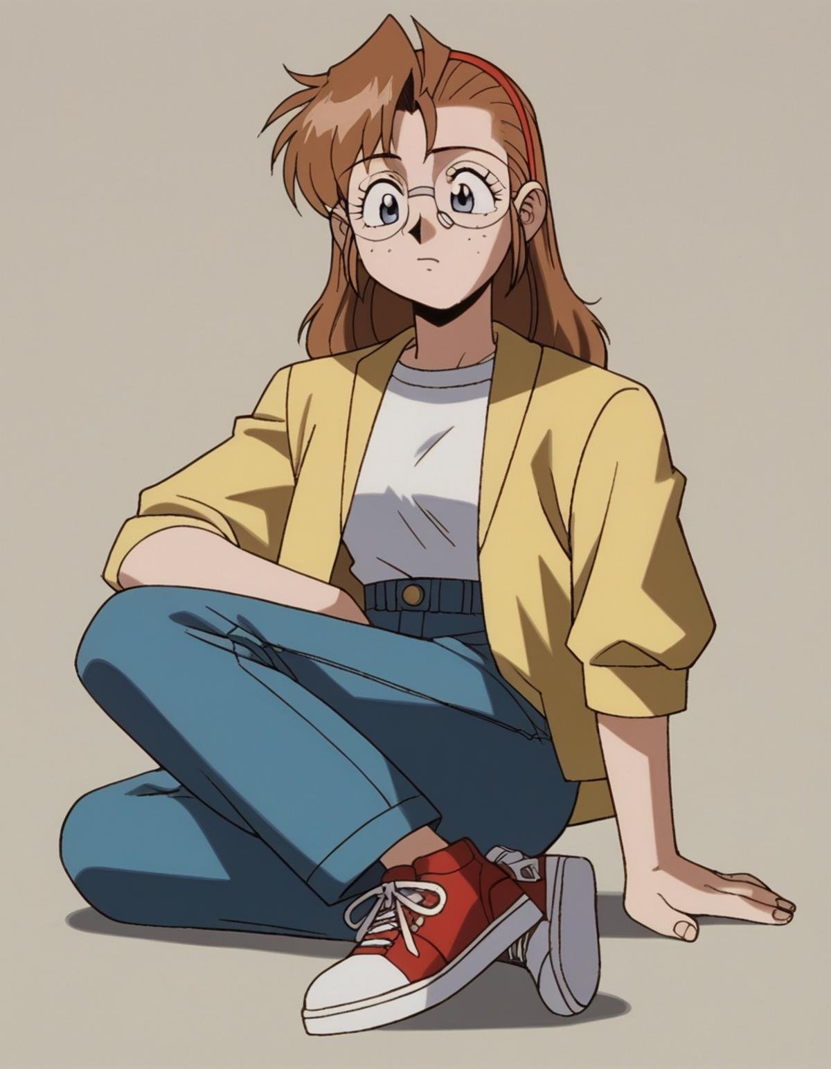 zPDXL, score_9, score_8_up, score_7_up, source_anime, 8k, absurdres, 1990s \(style\), retro artstyle, anime coloring, 1girl, solo, <lora:Gunsmith_v3-20:1> gnsmth, becky, round eyewear, freckles, grey eyes, brown hair, long hair, yellow jacket, sleeves rolled up, blue pants, sneakers, white shirt, 