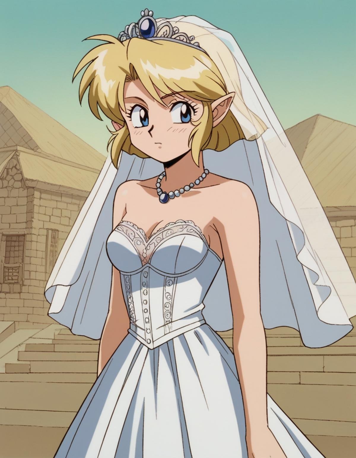 zPDXL, score_9, score_8_up, score_7_up, source_anime, 8k, absurdres, 1990s \(style\), retro artstyle, anime coloring, 1girl, solo, <lora:Gunsmith_v3-20:0.8> gnsmth, bride wearing Satin bustier with lace-up detail, satin fishtail skirt with lace trim, satin headpiece, satin pumps, wedding veil with lace, heirloom brooch,sparkling tiara adorned with pearls, Zelda, blonde hair