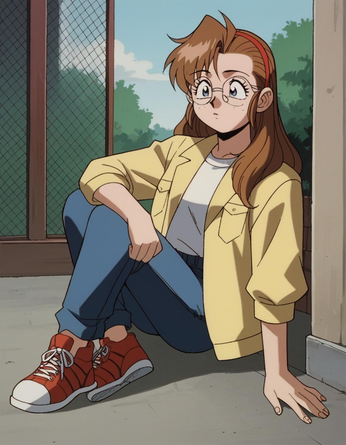 zPDXL, score_9, score_8_up, score_7_up, source_anime, 8k, absurdres, 1990s \(style\), retro artstyle, anime coloring, 1girl, solo, <lora:Gunsmith_v3-20:1> gnsmth, becky, round eyewear, freckles, grey eyes, brown hair, long hair, yellow jacket, sleeves rolled up, blue pants, sneakers, white shirt, 