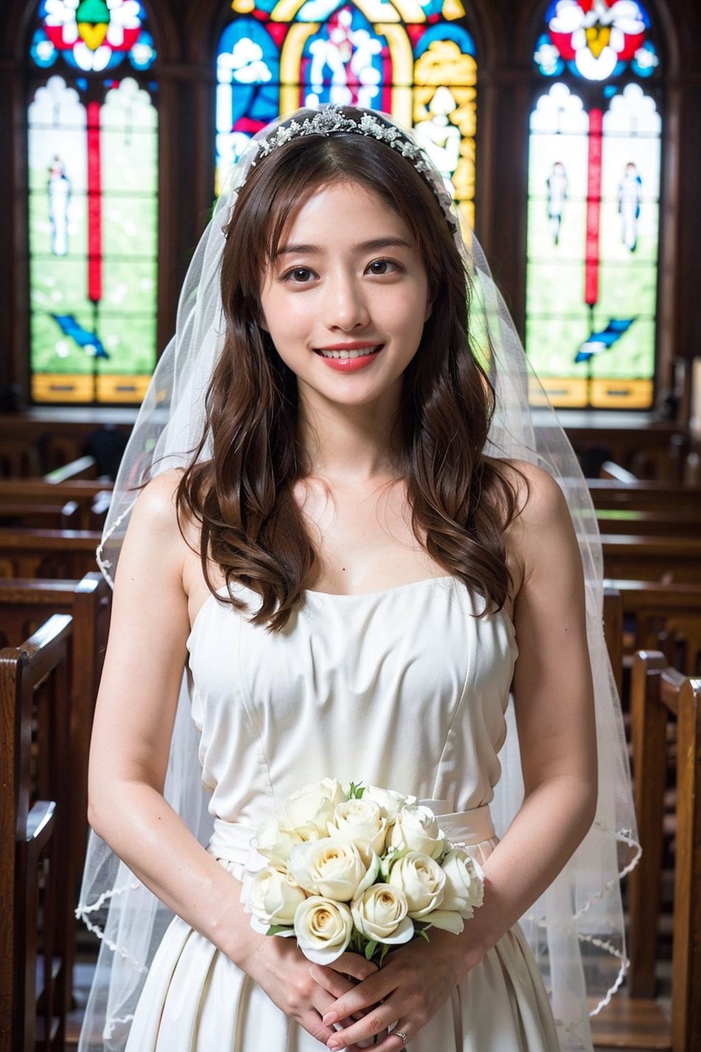 1girl, wedding scene, beautiful, black hair, long hair, (bride:1.2), white wedding dress, veil, holding bouquet, (smile:1.1), sparkling eyes, surrounded by guests, church interior, stained glass windows, flower decorations, candlelight, warm atmosphere, detailed background, depth of field, realistic, ambient light, (cinematic composition:1.3), high definition, best quality, masterpiece.