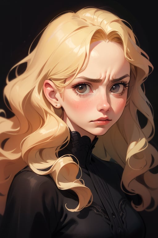 masterpiece, top-quality, hight detail, potrait ,Beautiful young woman, long hair, curly hair, blonde,disgusted, looking at viewer, realistic