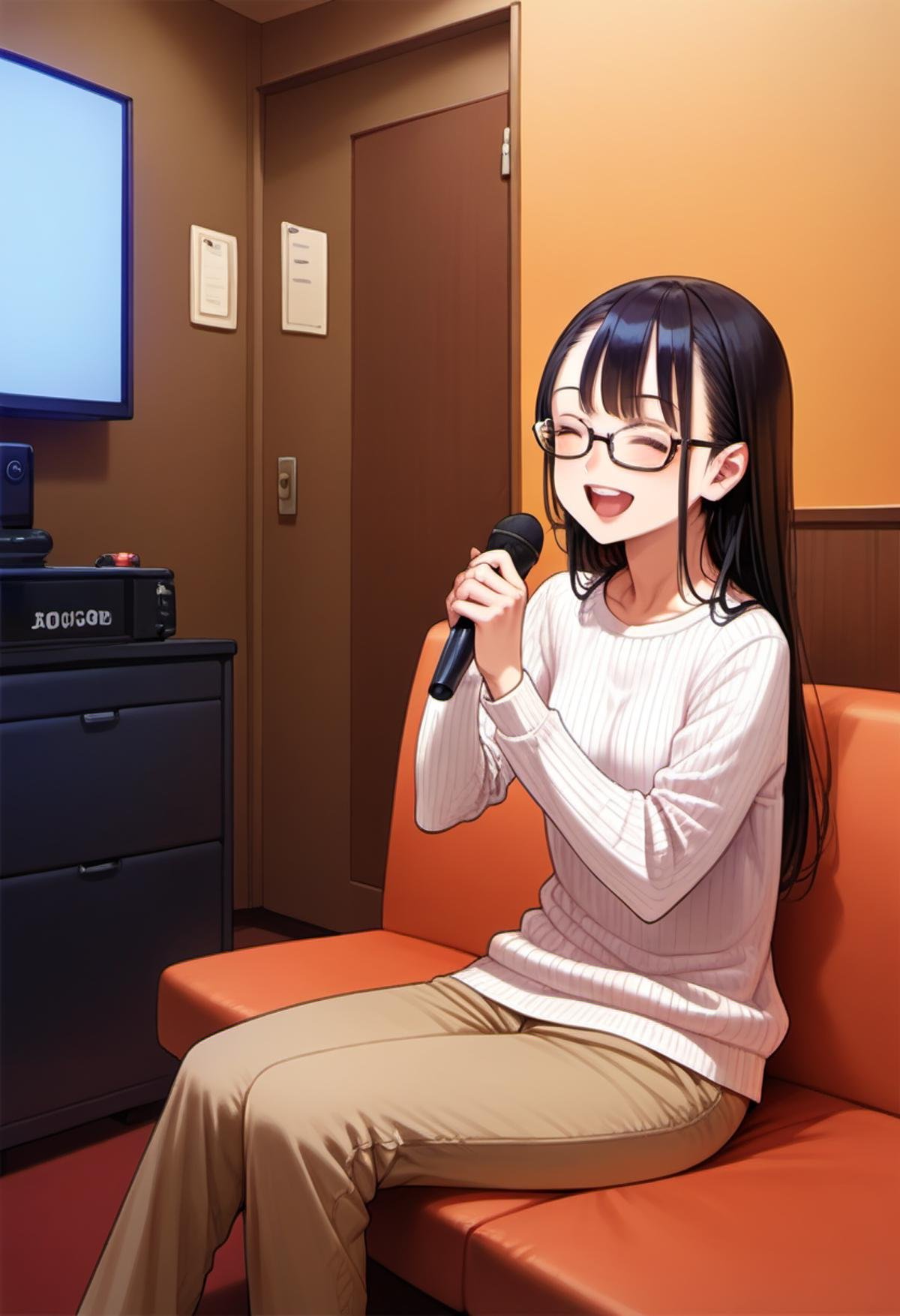 score_9, score_8_up, score_7_up, rating_safe, masterpiece, best quality, absurdres, unity 8k wallpaper, official art, official style, source_anime, uncensored, game cg, megami magazine,1girl, solo, glasses, black hair, long hair, ribbed sweater, pants, happy, smile, closed eyes, open mouth, holding microphone, karaoke, sitting,karaokeroom, scenery, table, door, indoors, couch, screen,joypad, microphone, television, <lora:karaoke_room_PONY_V3A:0.8>