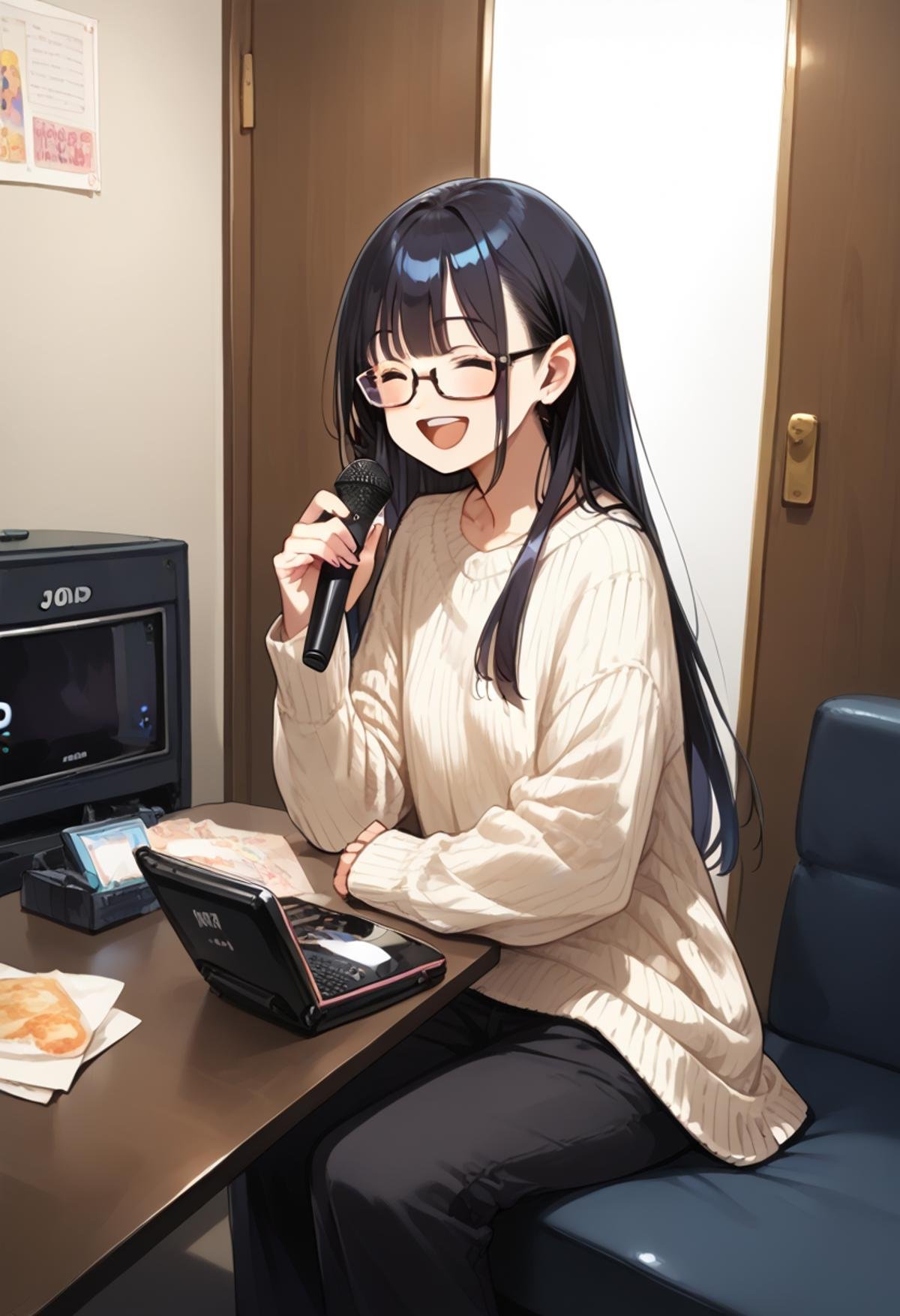 score_9, score_8_up, score_7_up, rating_safe, masterpiece, best quality, absurdres, unity 8k wallpaper, official art, official style, source_anime, uncensored, game cg, megami magazine,1girl, solo, glasses, black hair, long hair, ribbed sweater, pants, happy, smile, closed eyes, open mouth, holding microphone, karaoke, sitting,karaokeroom, scenery, table, door, indoors, couch, screen,joypad, microphone, television, <lora:karaoke_room_PONY_V3A:0.8>