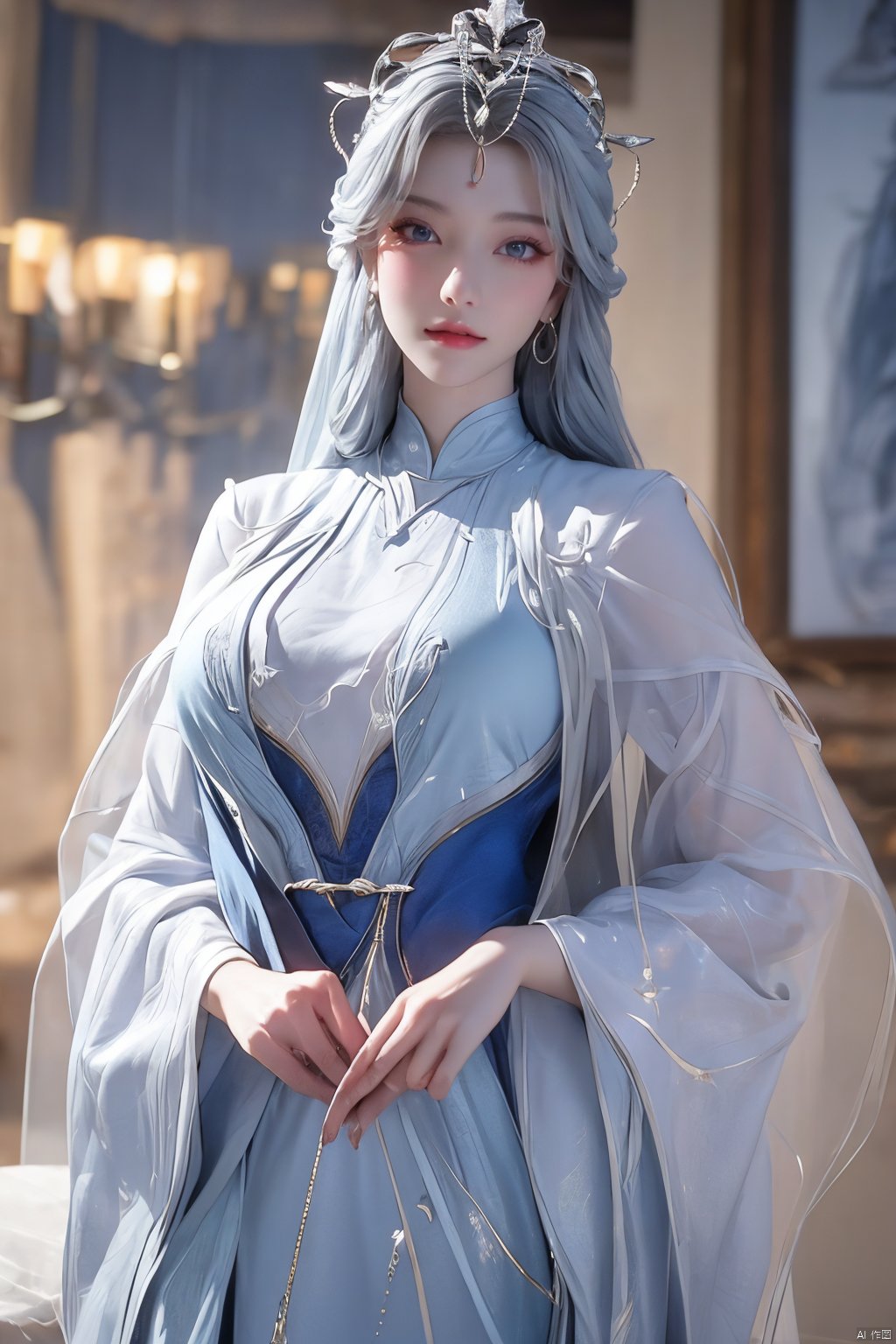 masterpiece,(best quality),official art,extremely detailed cg 8k wallpaper,(extremely delicate and beautiful),solo,realistic,photo_\(medium\),chinese clothes,blue dress,1girl,solo,blue eyes,earrings,mole,white hair,armor,crown,mole under eye,,Xningyudie,(big_breasts:1.29), Yunxiao_Fairy,X-Hydrangea,Xyupopo,Translucent veil