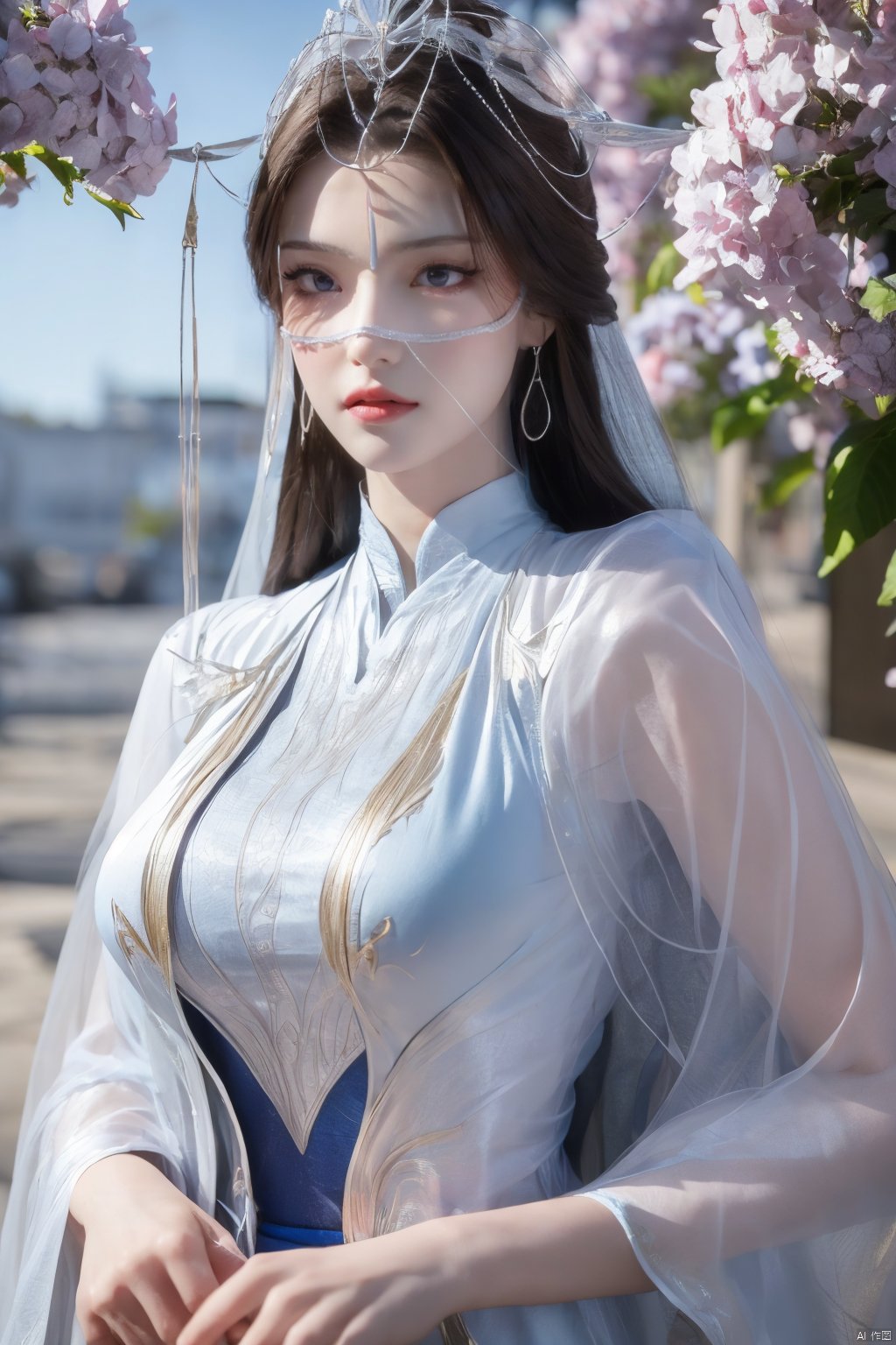 masterpiece,(best quality),official art,extremely detailed cg 8k wallpaper,(extremely delicate and beautiful),solo,realistic,photo_\(medium\),chinese clothes,blue dress,1girl,solo,blue eyes,earrings,mole,white hair,armor,crown,mole under eye,,Xningyudie,(big_breasts:1.29), Yunxiao_Fairy,X-Hydrangea,Xyupopo,(veil:1.23), 1 girl