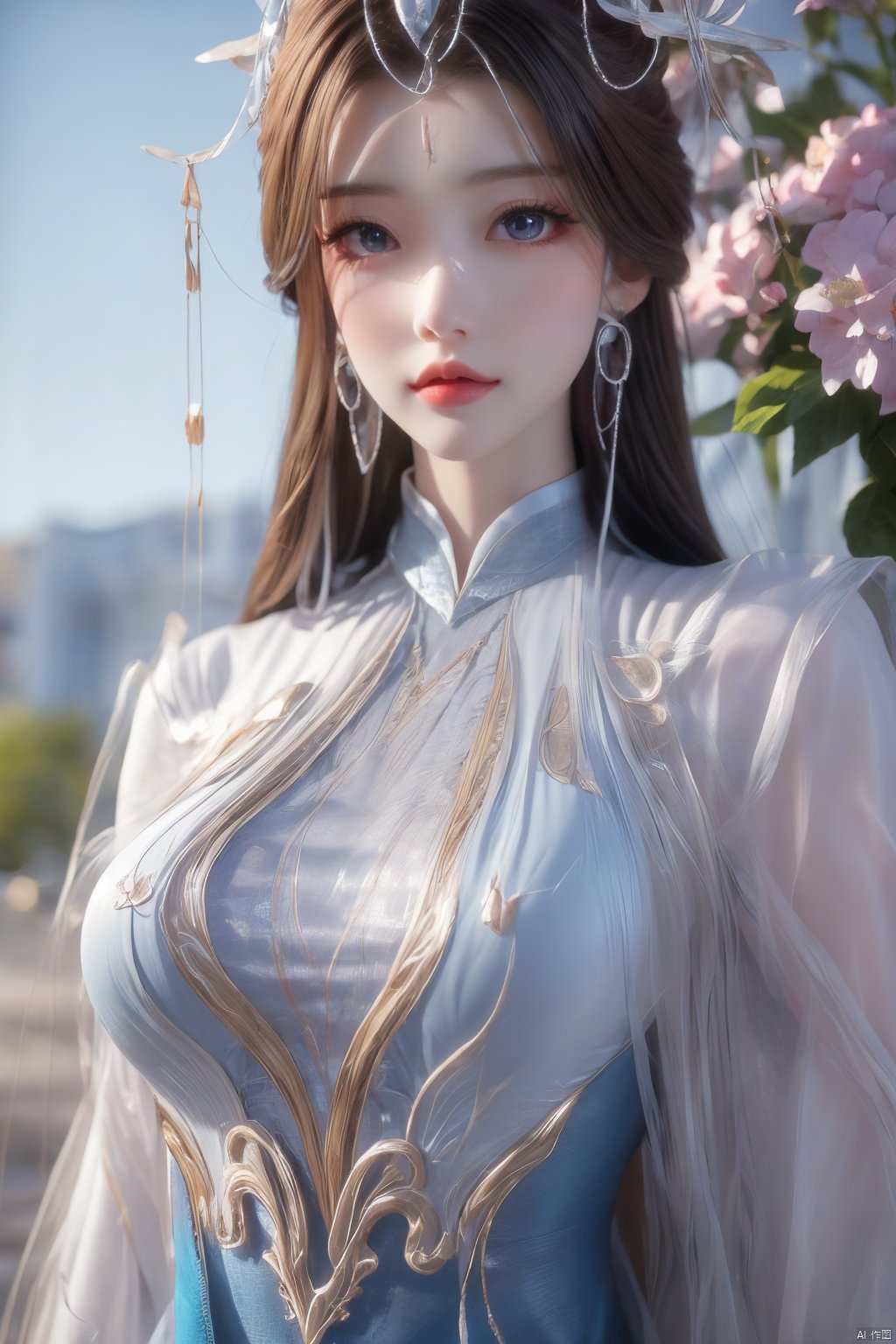 masterpiece,(best quality),official art,extremely detailed cg 8k wallpaper,(extremely delicate and beautiful),solo,realistic,photo_\(medium\),chinese clothes,blue dress,1girl,solo,blue eyes,earrings,mole,white hair,armor,crown,mole under eye,,Xningyudie,(big_breasts:1.29), Yunxiao_Fairy,X-Hydrangea,Xyupopo,(veil:1.23), 1 girl