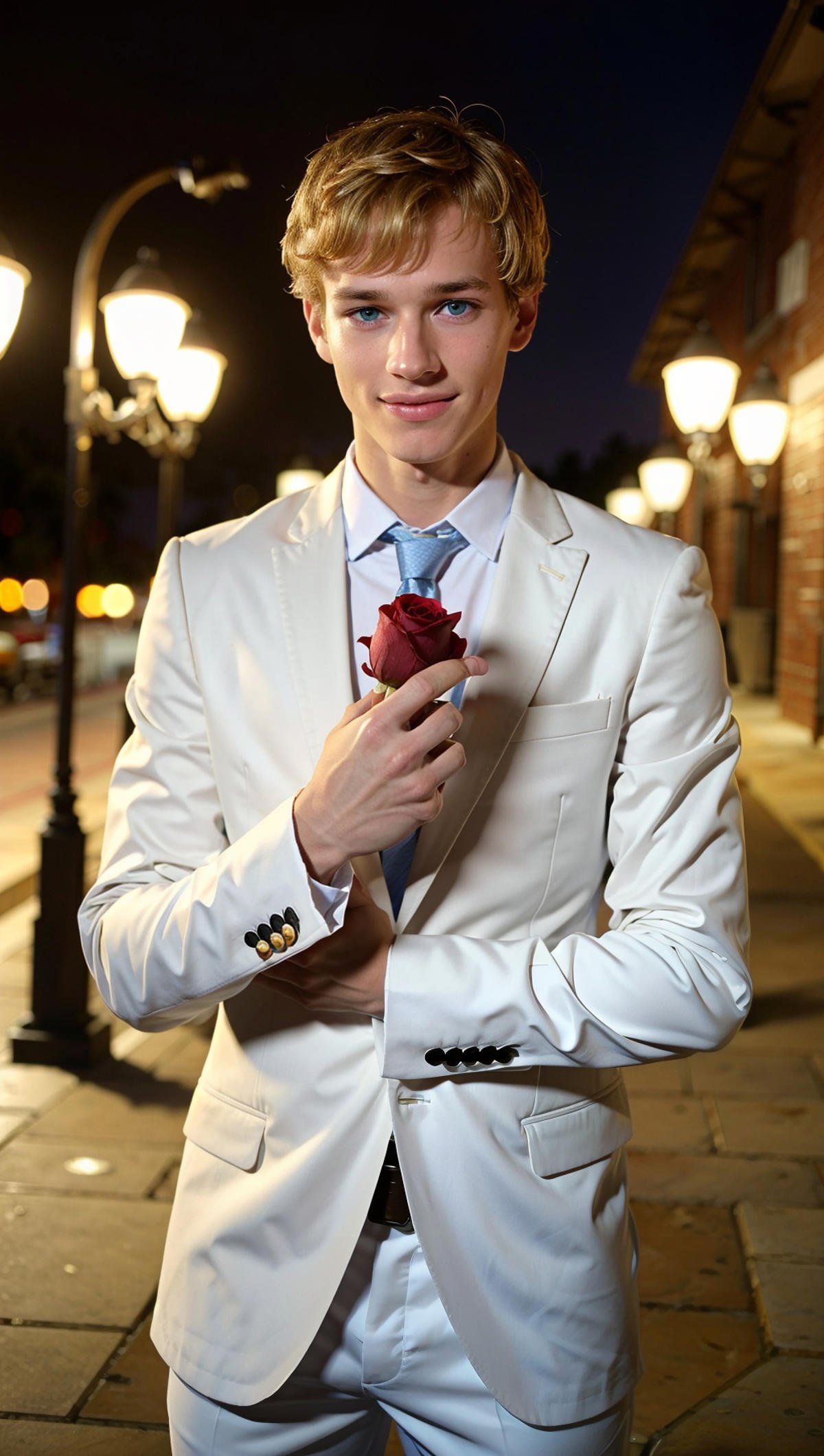 <lora:E5145306FB:0.7> (Sammy, twink) (1boy) a beautiful 18 year old with blonde hair, light blue eyes, and a sweet smile stands before you. He is wearing a white shirt and a gray suit coat, he stands in a romantic pose, looking directly at you with a sweet smile on his face and a soft glance in his eyes. (He is holding the rose that he gave you in his hands, at a park at night), RAW photo, detailed photo, gorgeous, shallow depth of field, bokeh, twilight, (surreal:0.4), hyper detailed photorealistic life-like accurate proportional 8k sharp focus, (accurate cinematic lighting), photorealistic detail, (selective focus:0.6)