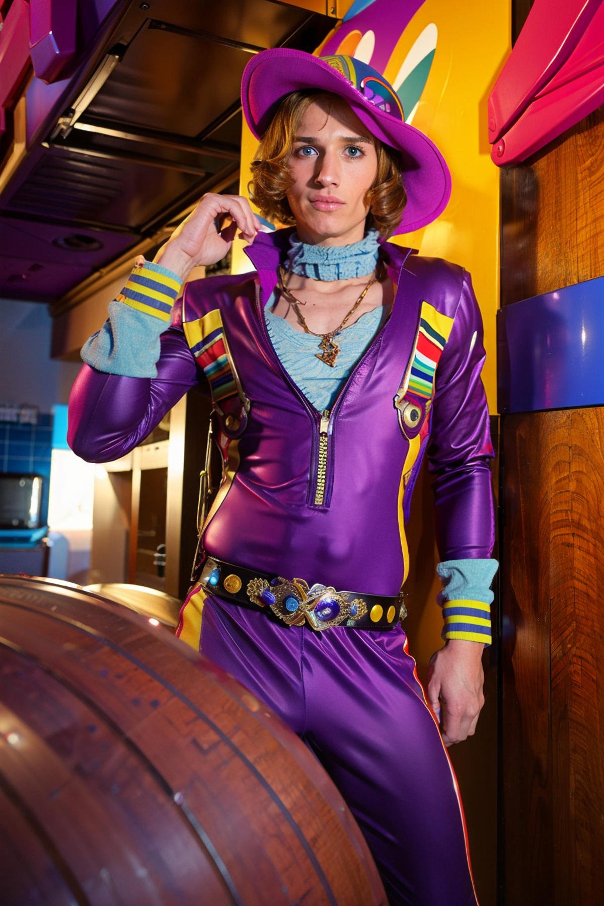 <lora:E5145306FB:0.9> (Sammy), Willy Wonka played by (Sammy Case) in a fantastical colourful chocolate factory, technicolor photo, cinematic, rainbow color painted machinery, (perfectly-lit, crisp focus, absurdres, 8k UHD, HDR, vivid color, depth of field, contrast, clarity, balance)