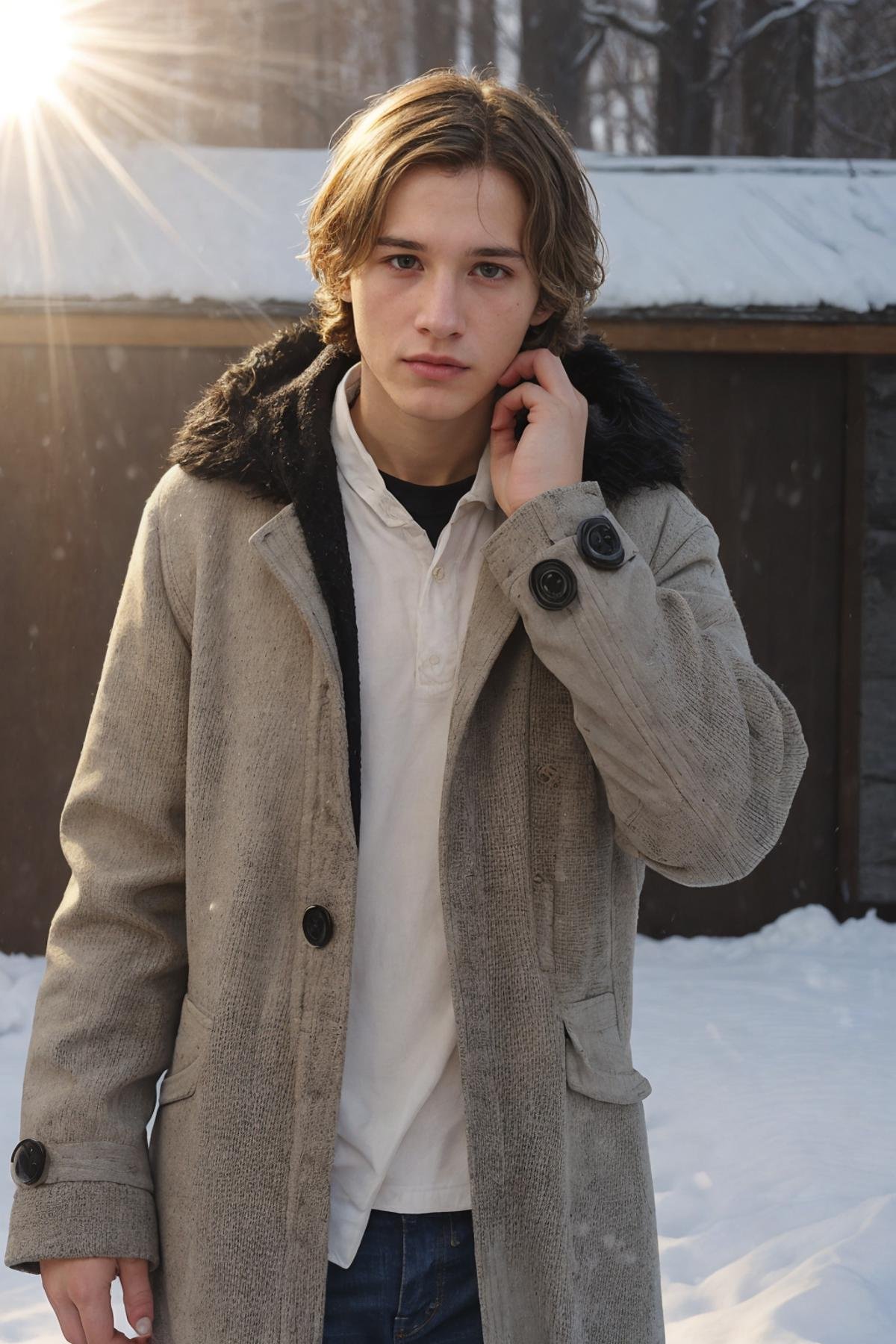 <lora:SammyTw1nkV2:1> (SammyTw1nk), male_solo, twink_solo, skinny_fit, 1boy, high quality, 1boy, (21yo), Yukon, snow, winter, slim body, twink, dressed for winter, fully clothed. masterpiece, candid photograph, detailed realistic face, winter, playful, coat, detailed background, sunlight ray tracing, hyper detailed photorealistic life-like accurate proportional, 8k sharp focus, empty hands, (accurate cinematic lighting), photorealistic detail, (selective focus:0.6)