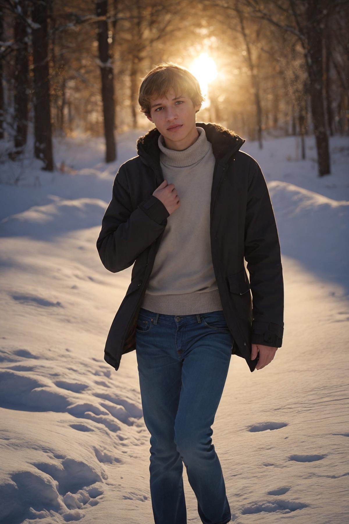 <lora:SammyTw1nkV2:1> (SammyTw1nk), male_solo, twink_solo, skinny_fit, 1boy, high quality, 1boy, (21yo), Yukon, snow, winter, slim body, twink, dressed for winter, fully clothed. masterpiece, candid photograph, detailed realistic face, winter, playful, coat, detailed background, sunlight ray tracing, hyper detailed photorealistic life-like accurate proportional, 8k sharp focus, empty hands, (accurate cinematic lighting), photorealistic detail, (selective focus:0.6)