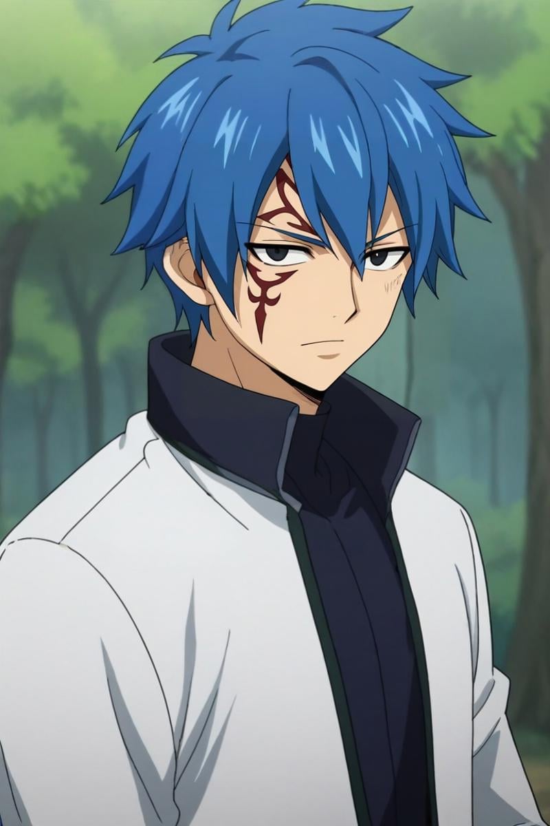 score_9, score_8_up, score_7_up, source_anime, rating_safe, , anime screencap, , , looking at viewer, depth of field, 1boy, solo, male focus, <lora:jellal_fernandes_pony:0.76>, jellal_fernandes, blue hair, black eyes, short hair, tattoo, facial mark, , , <lora:sdxl_lightning_8step_lora:1>