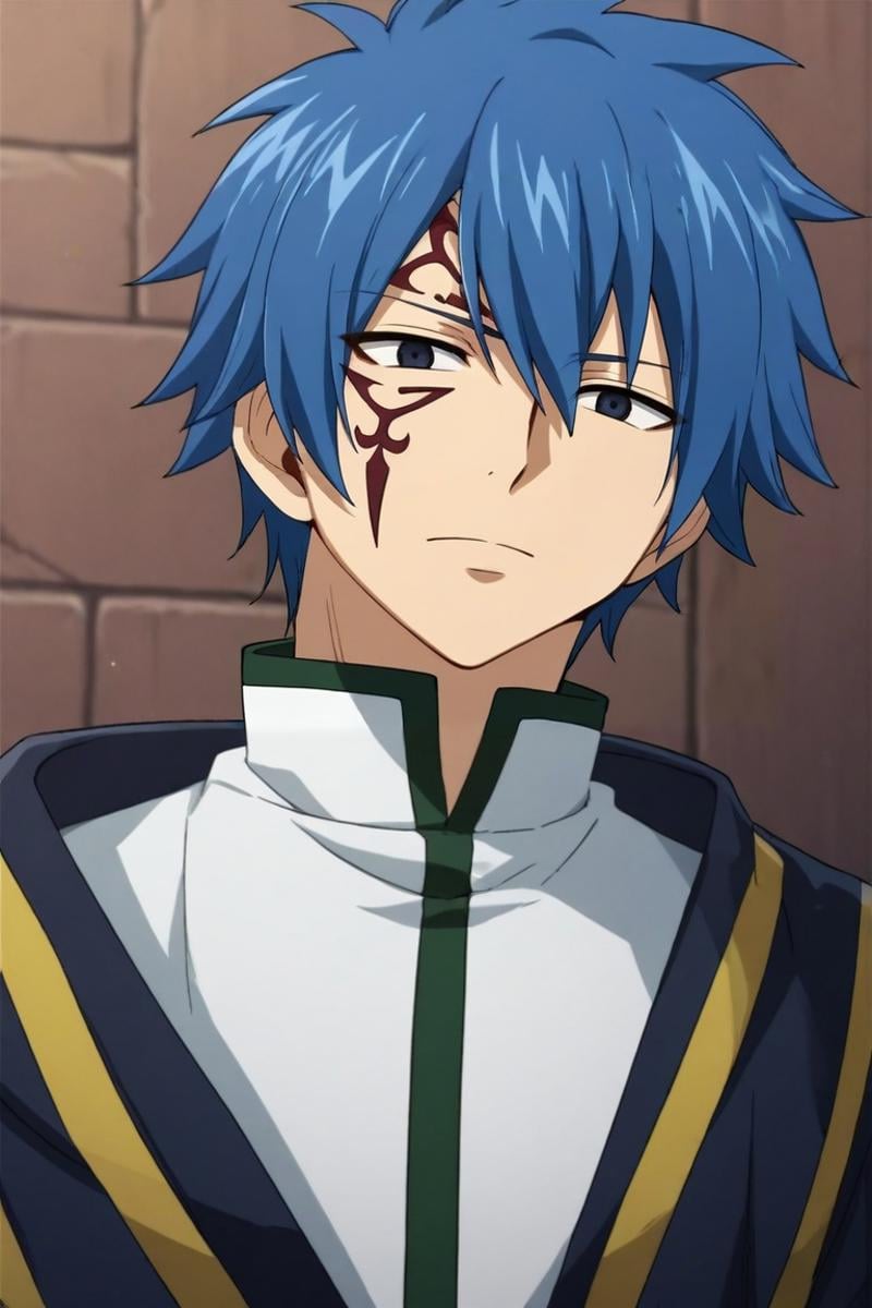 score_9, score_8_up, score_7_up, source_anime, rating_safe, intricate details, , , depth of field, 1boy, solo, male focus, <lora:jellal_fernandes_pony:0.84>, jellal_fernandes, blue hair, black eyes, short hair, tattoo, facial mark, , , <lora:sdxl_lightning_8step_lora:1>