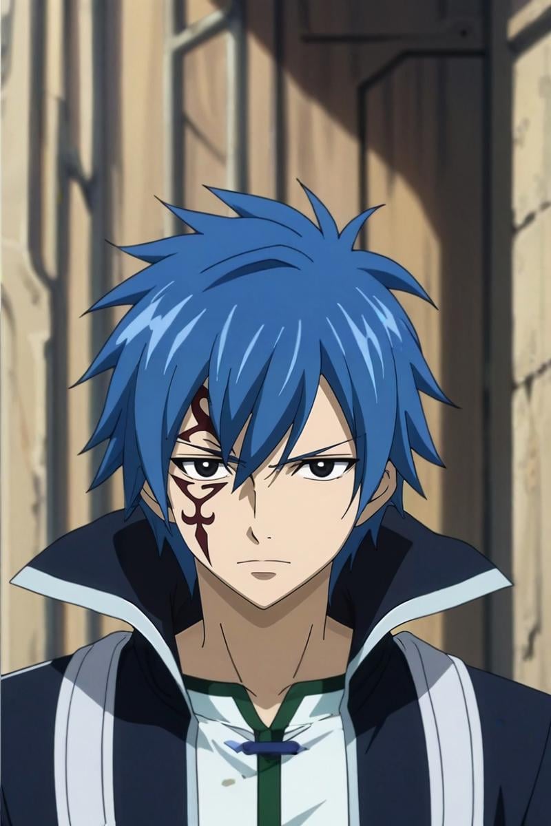 score_9, score_8_up, score_7_up, , rating_safe, , anime screencap, anime coloring, , looking at viewer, depth of field, 1boy, solo, male focus, <lora:jellal_fernandes_pony:0.98>, jellal_fernandes, blue hair, black eyes, short hair, tattoo, facial mark, , , <lora:sdxl_lightning_8step_lora:1>