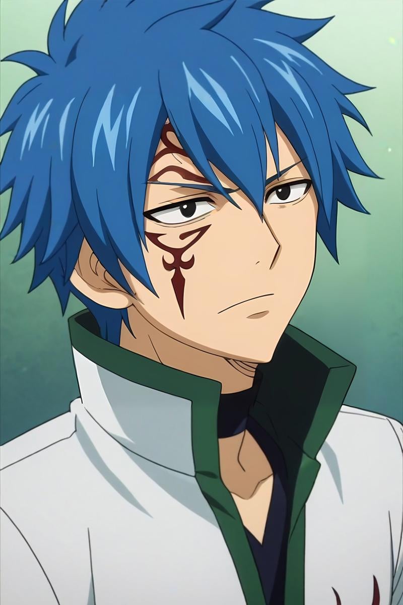 score_9, score_8_up, score_7_up, , rating_safe, intricate details, anime screencap, anime coloring, official style, , , 1boy, solo, male focus, <lora:jellal_fernandes_pony:0.88>, jellal_fernandes, blue hair, black eyes, short hair, tattoo, facial mark, , , <lora:sdxl_lightning_8step_lora:1>