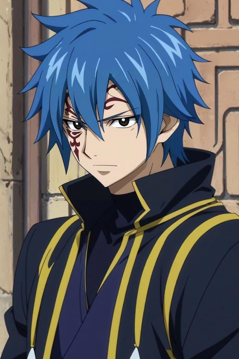 score_9, score_8_up, score_7_up, , rating_safe, intricate details, anime screencap, , official style, , , 1boy, solo, male focus, <lora:jellal_fernandes_pony:0.98>, jellal_fernandes, blue hair, black eyes, short hair, tattoo, facial mark, , , <lora:sdxl_lightning_8step_lora:1>