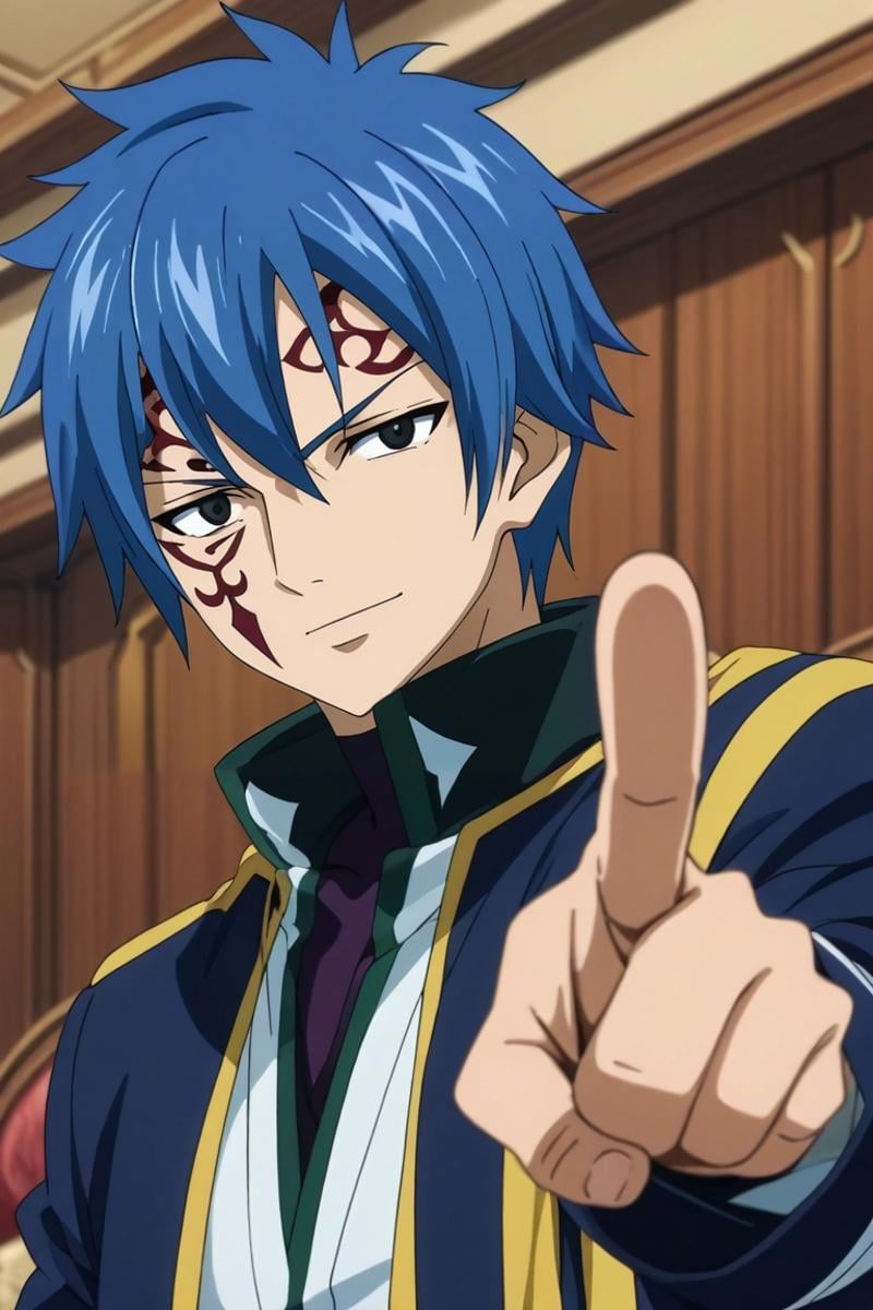 score_9, score_8_up, score_7_up, source_anime, rating_safe, intricate details, anime screencap, , official style, , depth of field, 1boy, solo, male focus, <lora:jellal_fernandes_pony:0.94>, jellal_fernandes, blue hair, black eyes, short hair, tattoo, facial mark, focused, living room, couch, indoors, dark, pointing, half-closed eyes, smile, , <lora:sdxl_lightning_8step_lora:1>