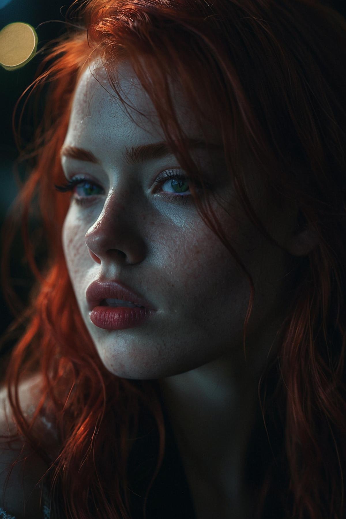 1girl, red hair, low light, darkness, full thick pouty lips, artistic masterpiece, (mist:0.6), cinematic film still photography, 35mm photograph, film, RAW photo, detailed photo, gorgeous, shallow depth of field, bokeh, (surreal:0.4), hyper detailed photorealistic life-like accurate proportional 8k sharp focus, (accurate cinematic lighting), photorealistic detail, (selective focus:0.6)