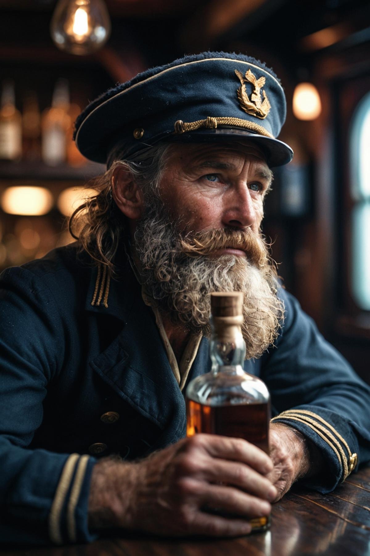 Rugged scruffy weathered old sailor, a portrait of a seaman with a rugged, ships captain, thick beard, capturing a slightly befuddled expression, he is sitting at the table next to him there is a bottle of whiskey, focus is on his facial expressions and the subtle details like the texture of his long beard and the glint in his eyes, cozy, moody cinematic atmosphere, soft cinematic light, RAW photo, dreamy soft focus, detailed photo, gorgeous, shallow depth of field, bokeh, volumetric lighting, iridescent skin, (surreal:0.4), hyper detailed photorealistic life-like accurate proportional 8k sharp focus, (accurate cinematic lighting), photorealistic detail