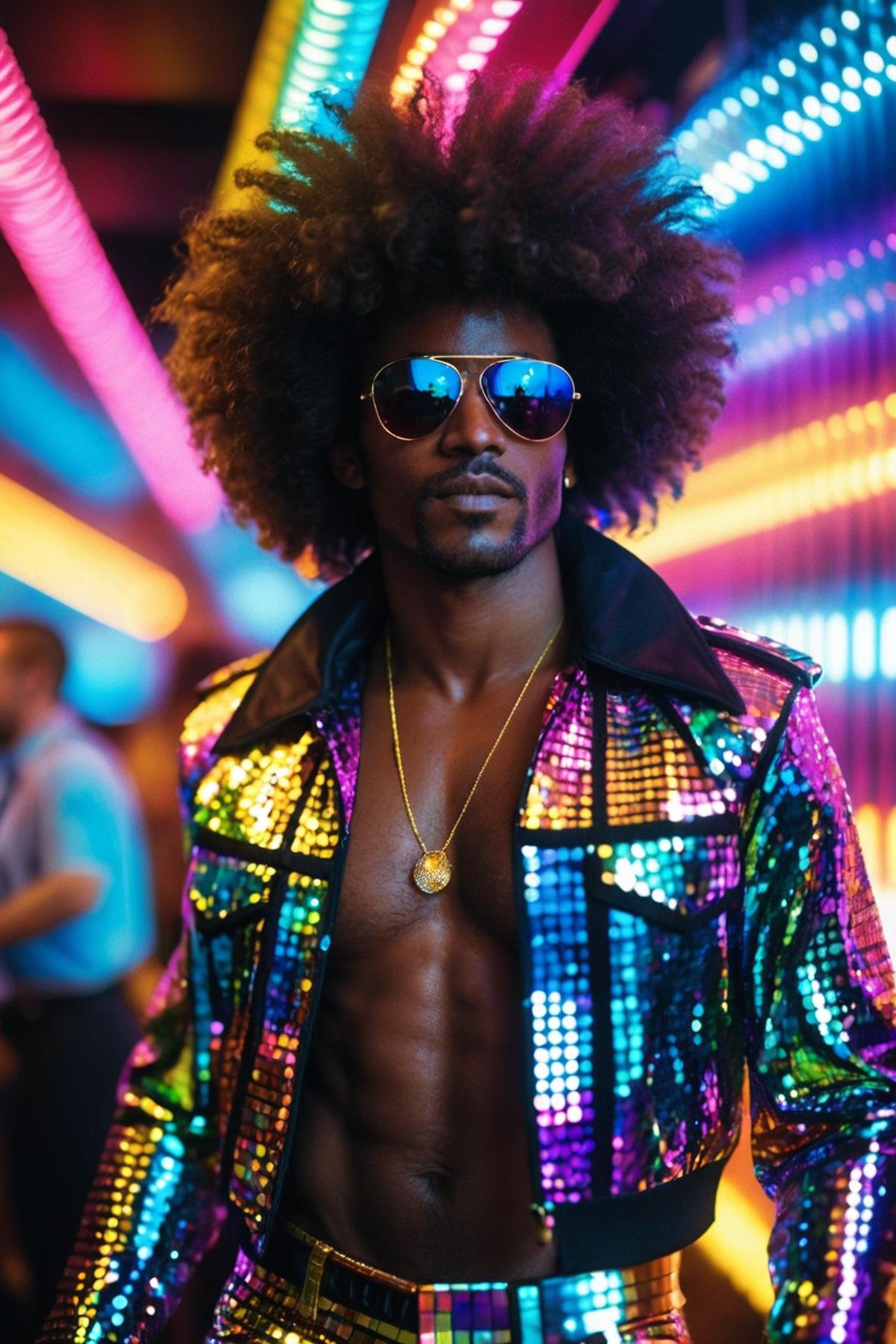 1 man, full body shot, disco, (80s, retro:1.1), dance floor, lasers, rainbow theme, a dancer man, 30 years old, sunglasses, big afro, (manly, wide jaw:1.2), dark skin, sparkly jacket, golden shirt, (vibrant colors:0.9), film grain, bokeh, fashion magazine, hdr, highly detailed photography, (muted colors, cinematic, dim colors, soothing tones:1.2), vibrant, insanely detailed, hyperdetailed, (dark shot:1.2), (vsco:0.3), (intricate details:0.9), (hdr, hyperdetailed:1.2), dancing, (smirk:0.7), disco pants, realistic, masterpiece, intricate details, detailed background, dynamic pose, RAW photo, dreamy soft focus, detailed photo, gorgeous, shallow depth of field, bokeh, volumetric lighting, iridescent skin, (surreal:0.4), hyper detailed photorealistic life-like accurate proportional 8k sharp focus, (accurate cinematic lighting), photorealistic detail