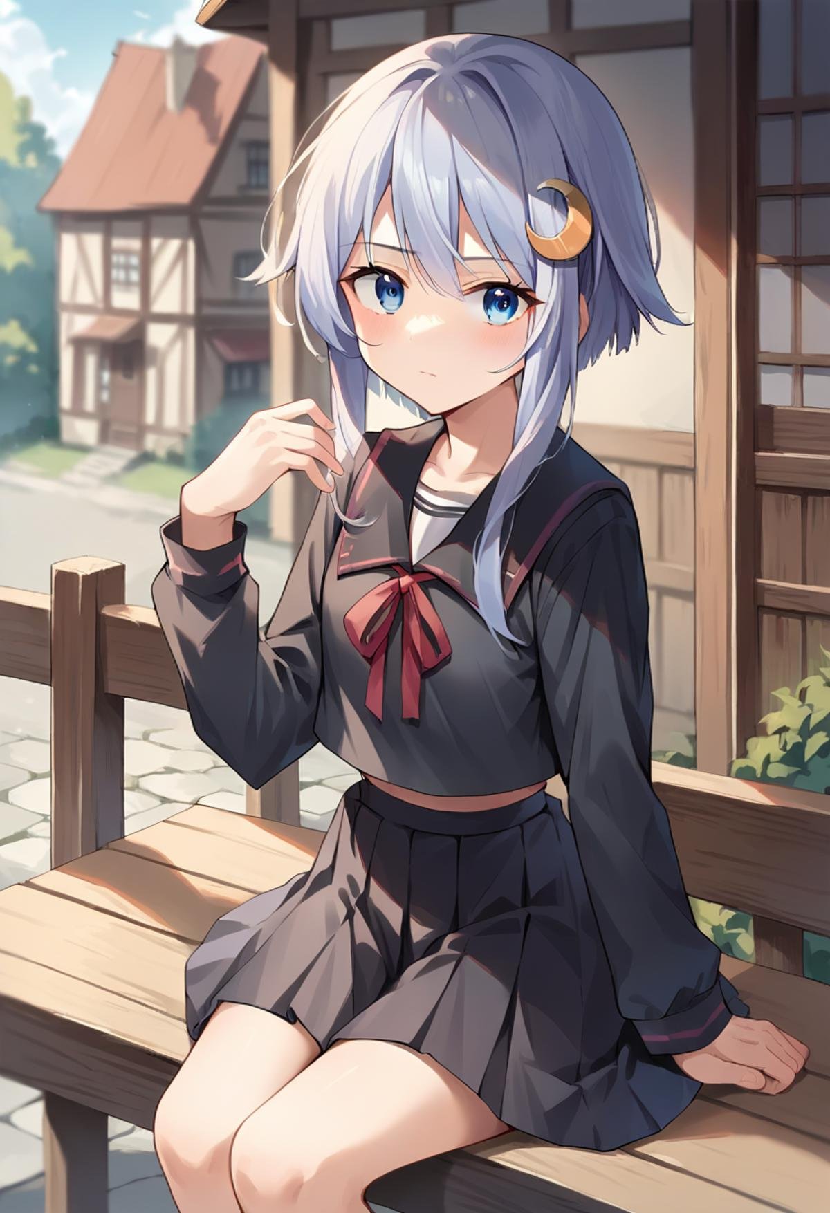 score_9, score_8_up, score_7_up, source_anime, masterpiece, 1girl, ctianyayoi, blue eyes, black serafuku, sailor collar, skirt, pleated skirt, ribbon, hand up, looking at viewer, jitome, sitting, outdoors, town, depth of field,   <lora:Yayoi_Kancolle_pony_ct:0.8>