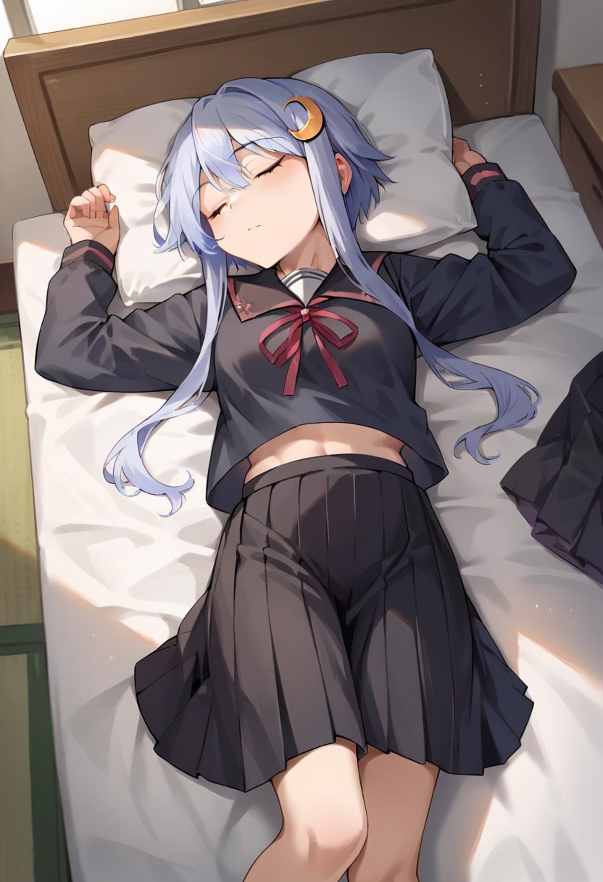 score_9, score_8_up, score_7_up, source_anime, masterpiece, 1girl, ctianyayoi, blue eyes, black serafuku, sailor collar, skirt, pleated skirt, ribbon, indoors, lying, bed, pillow, sleeping,  <lora:Yayoi_Kancolle_pony_ct:0.8>