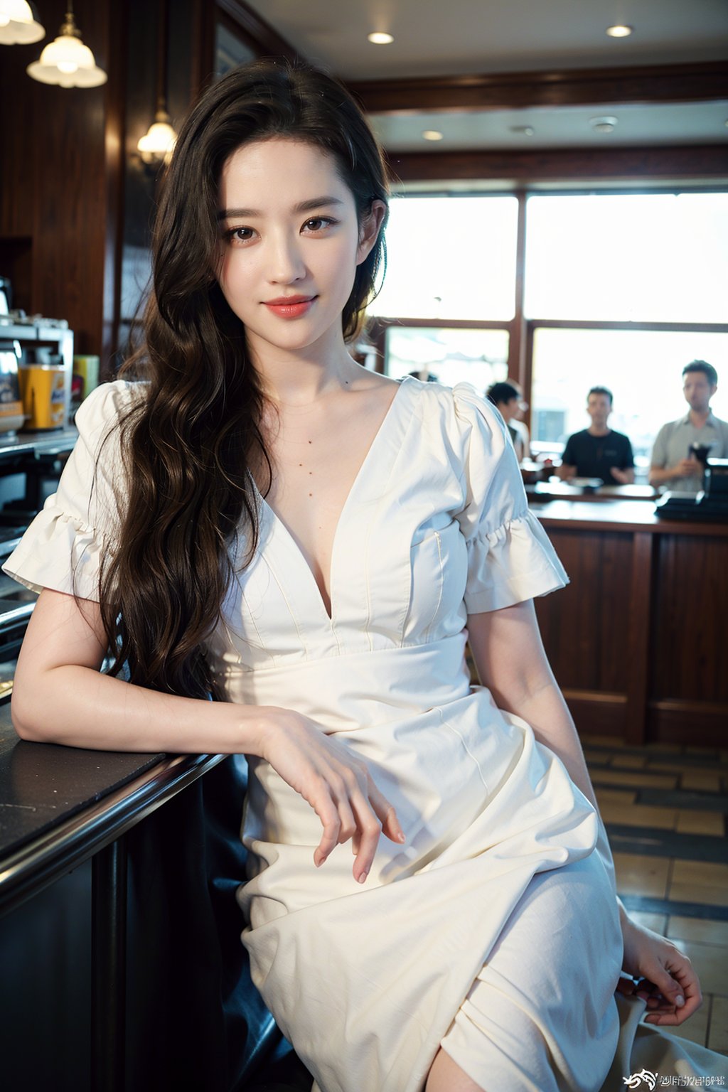 1girl, beautiful, black hair, long hair, smiling, coffee shop, sitting, (20yo:1.3), detailed eyes, light blush, white dress, (flowers in hair:1.1), looking at viewer, counter, espresso machine, cups, pastries, warm lighting, cosy atmosphere, beautifully detailed background, realistic, ambient light, (cinematic composition:1.3), HDR, Accent Lighting, wide-angle lens, best quality, masterpiece.