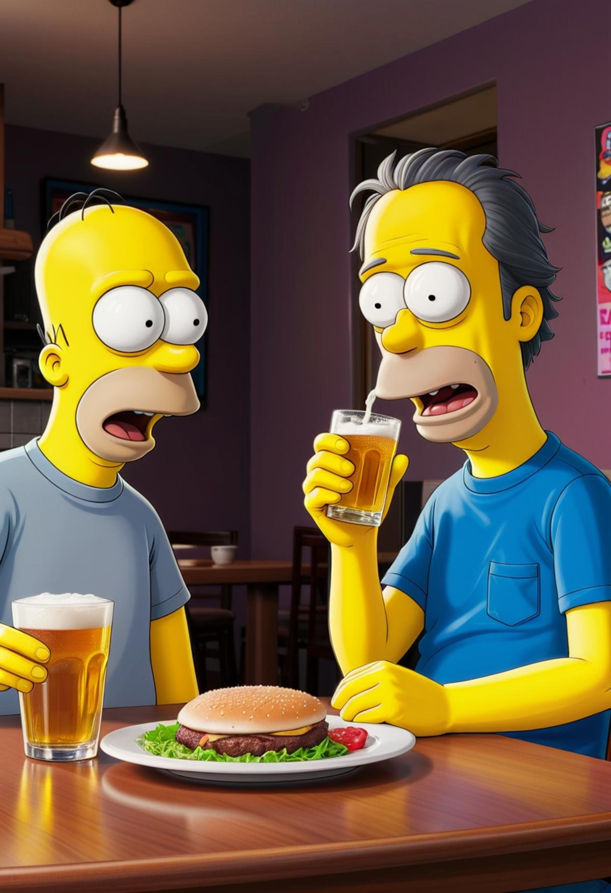 Rick Sanchez from rick and morty and Homer Simpson from the simpsons eating at bobs burgers drinking a beer