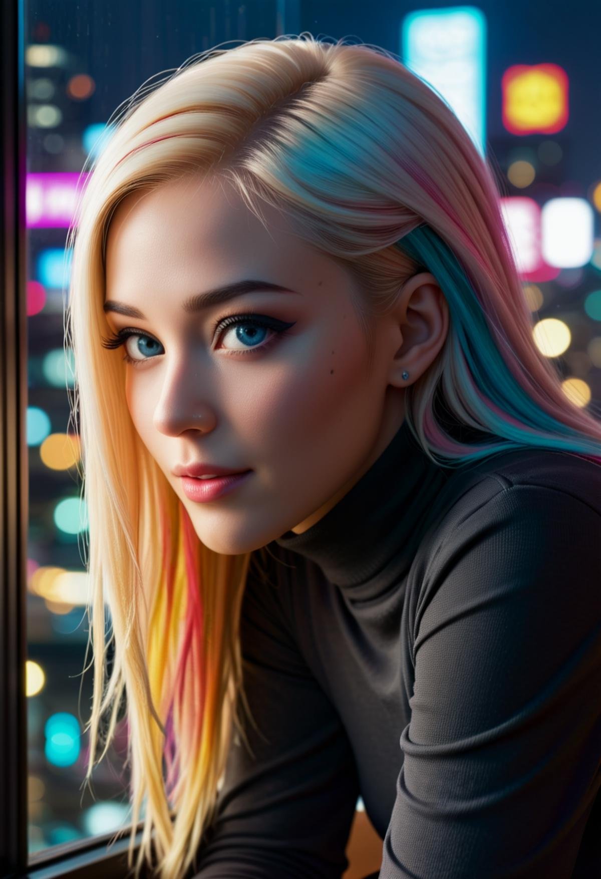 (macro) glamour shot of a beautiful asian young woman wearing a turtleneck bending forward to the viewer in front of a (window:1.3) overlooking (cyberpunk city) at night, bokeh, neon, cyberpunk, dark, low light, low key, multicolored hair, hair highlights, red and blonde hair, dynamic lighting, cinematic still, freckles, dark skin, movie screencap, smile, smirk, piercing blue eyes, extremely long hair, sleek hair, portrait, dynamic pose,, 100mm f/2.8 macro lens, dynamic pose, pov, portrait, close-up