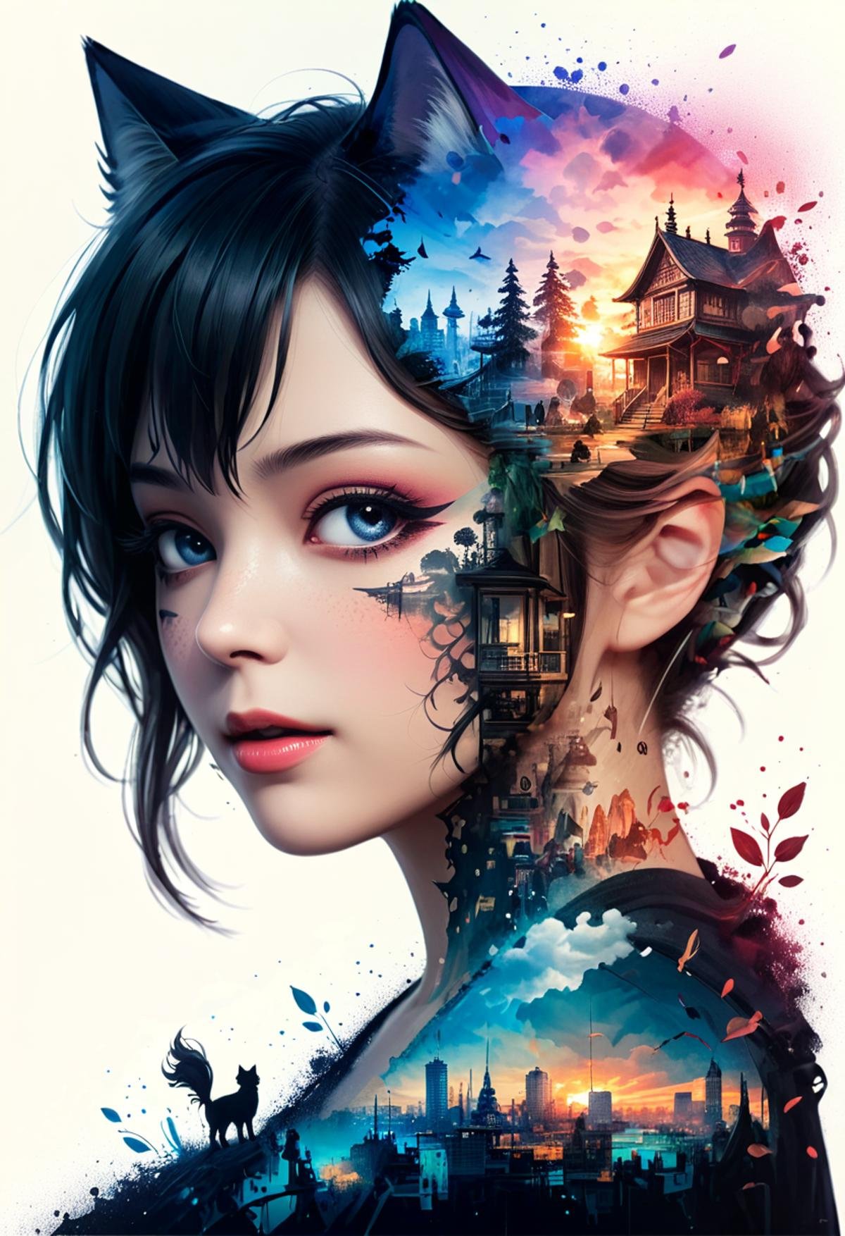 no scars to your beautiful kitten" double exposure collage art illustration, silhouette art, fantasy, hdr, vibrant, surrealism, hyperdetailed, hypermaximalist illustration, art by Anime Key Visual, Japanese Manga, Pixiv, Zerochan, Anime art, Fantia