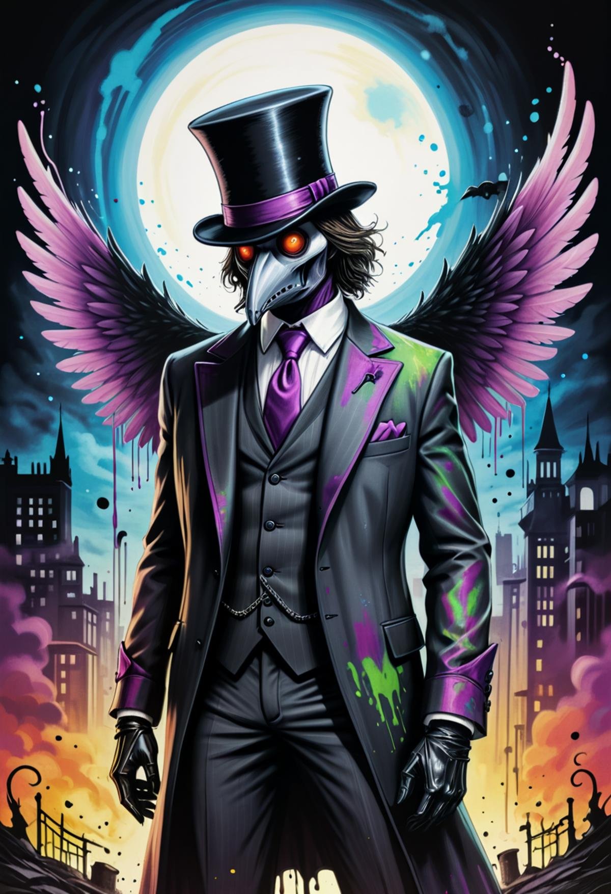 Plague Doctor dressed in a muti-colored flannel tuxedo, top hat, surrounded by bubbling, splatering, and checkered cloud-like ink. Include an exquisite angel's wing with a radiant halo and a menacing demon's wing with a horn. Set this against a backdrop resembling a splattered urban landscape, executed in the dynamic style of vibrant paint pens