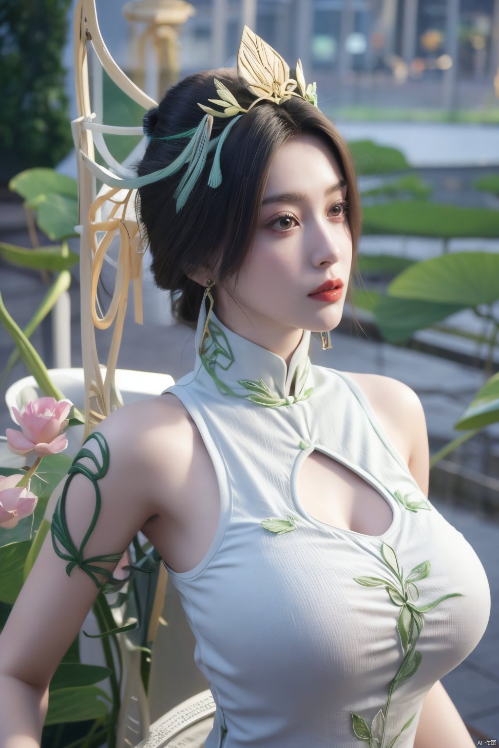  1girl, navel, solo, midriff, bare shoulders, lantern, hair ornament, flower, hair flower, paper lantern, black hair, red lips, looking at viewer, chinese clothes, (light pink dress),blurry, solo focus, long hair, lips, night, lipstick, outdoors, upper body, blurry,(huge breasts:1.399),(Ancient Chinese architectural background）, solo, makeup, hair bun, (Lotus texture embroidery:1.23), Yunxiao_Fairy,Xliushen,Xyunxi