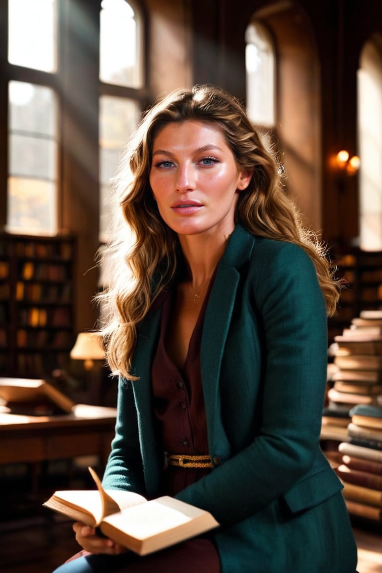 HQ photography, closeup portrait, sharp focus, bokeh background, high contrast, In a serene, cinematic setting, a lovely, young woman, reminiscent of Angeline, sits in an antique university library, looking at the book, Degas-like attention to detail captures every curl and curve of her body. In the background, an antique library full of books and ladders is bathed by the afternoon sun rays, creating a sense of depth and atmosphere. The overall effect is stunning, with cinematic flair, masterpiece, shines brightly on ArtStation, trending for all to admire.,dark academia outfit, brown teal color palette, Rembrandt Lighting Style,darkacademia,photorealistic,tweed blazer, collar shirt, beret,Kodak Motion Picture Film Style,GiseleBündchen